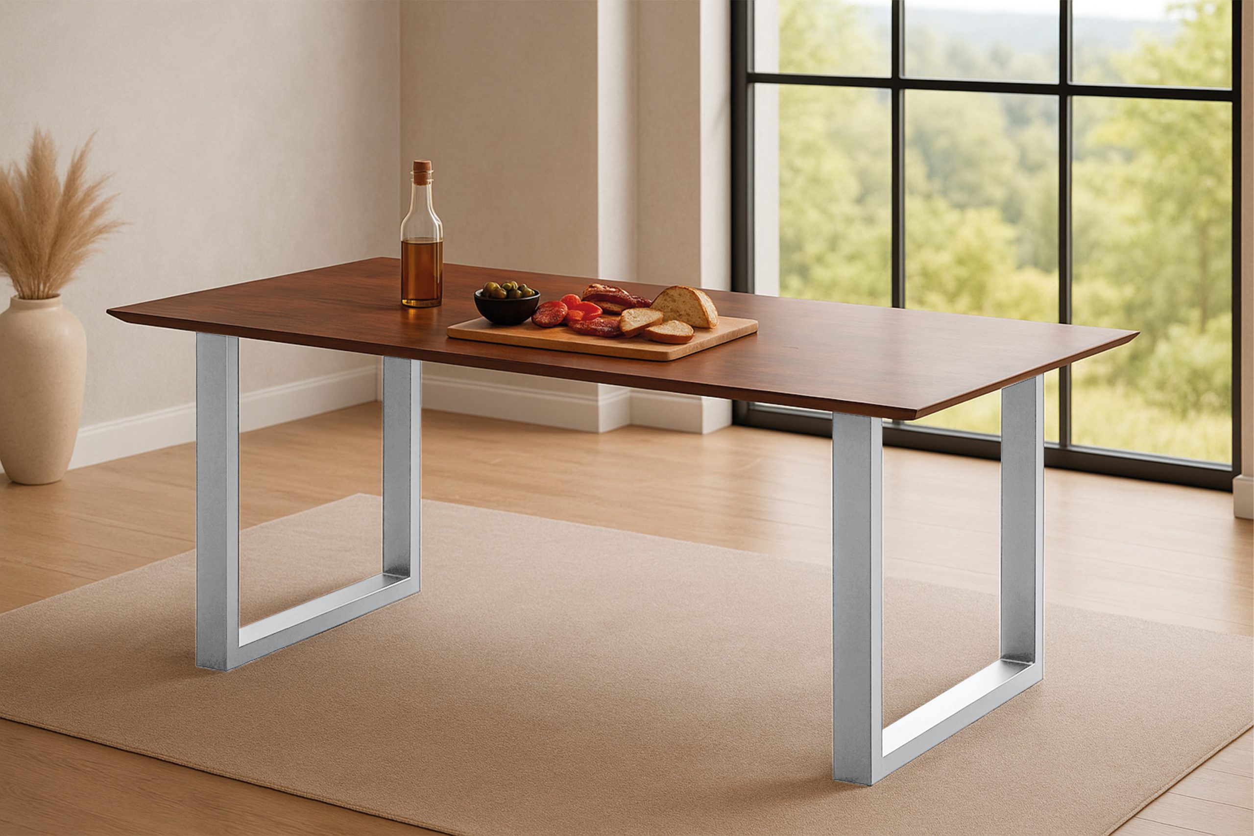 Esstisch 180x90 cm Akazie massiv kastaniefarben Schweizer Kante U-Gestell silber RITA