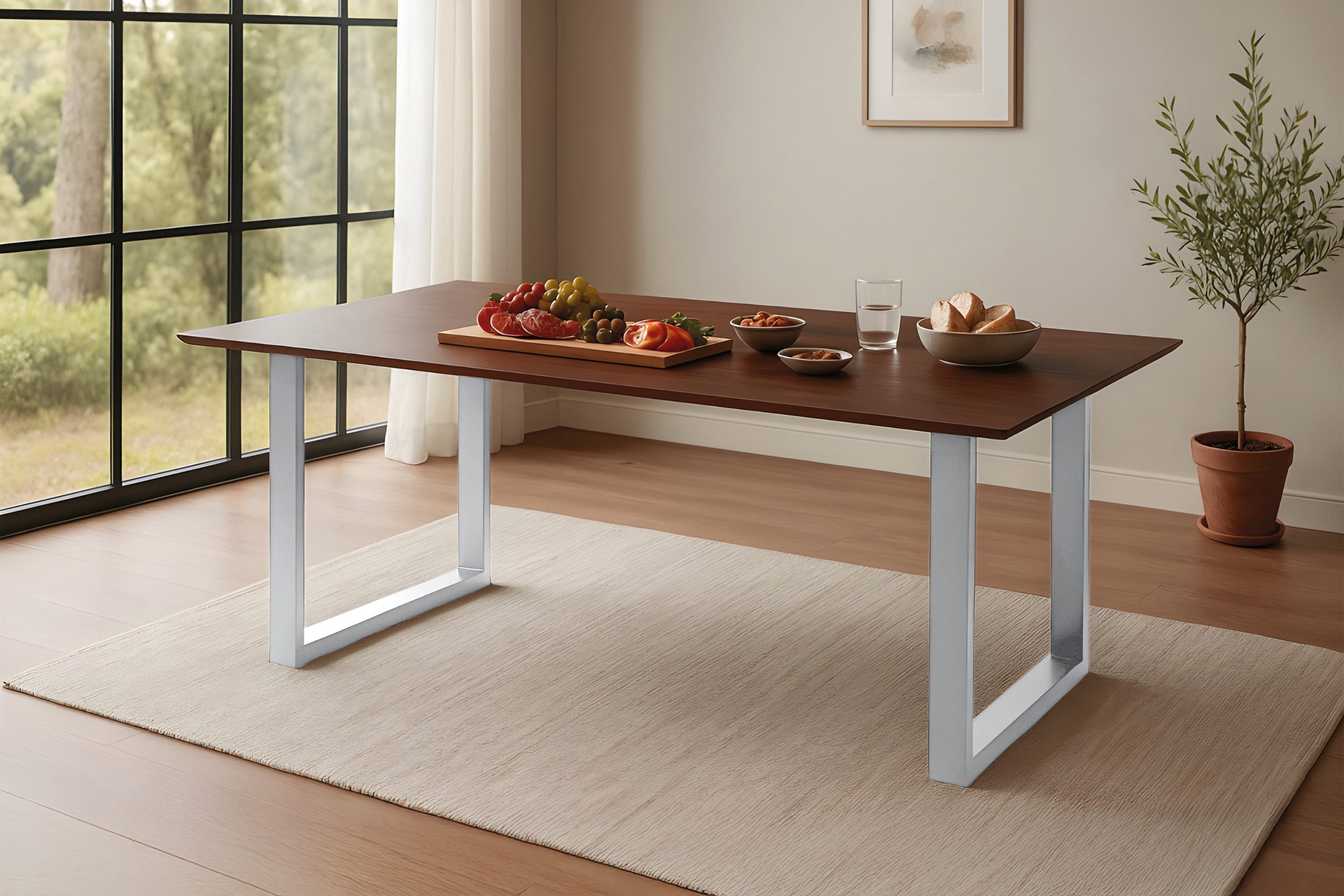 Esstisch 200x100 cm Akazie massiv kastaniefarben Schweizer Kante U-Gestell silber RITA