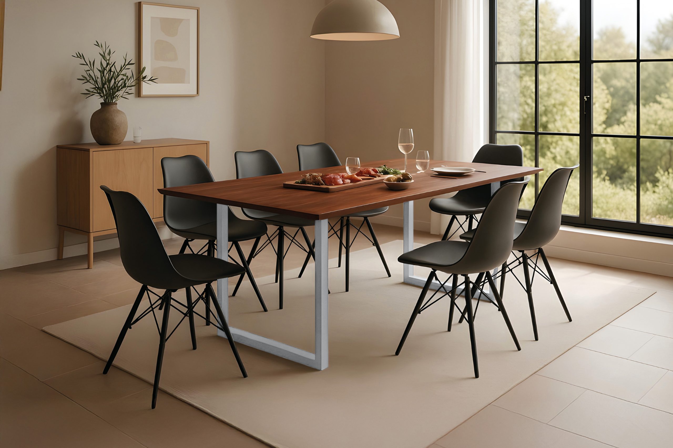 Esstisch 200x100 cm Akazie massiv kastaniefarben Schweizer Kante U-Gestell silber RITA – Bild 4