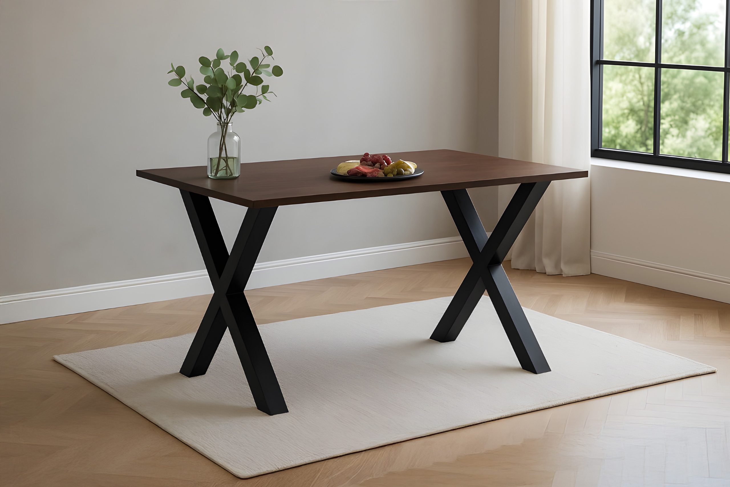 Esstisch 120x80 cm Akazie massiv kastaniefarben Schweizer Kante X-Gestell schwarz RITA