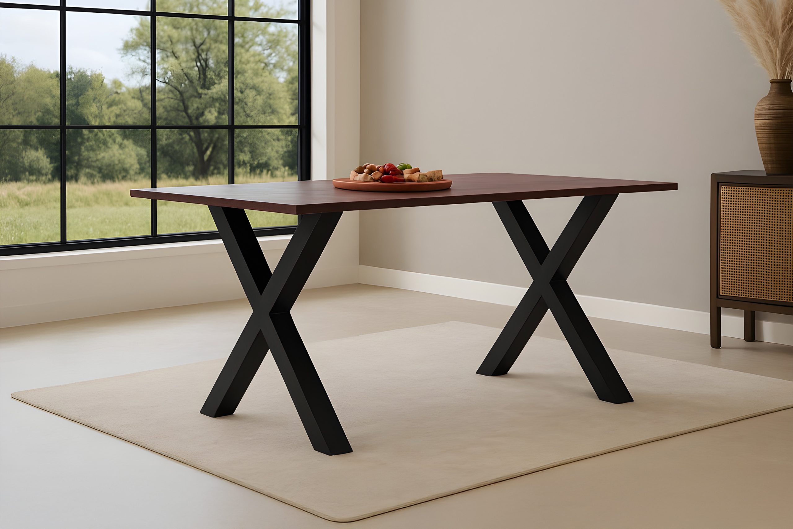 Esstisch 140x80 cm Akazie massiv kastaniefarben Schweizer Kante X-Gestell schwarz RITA