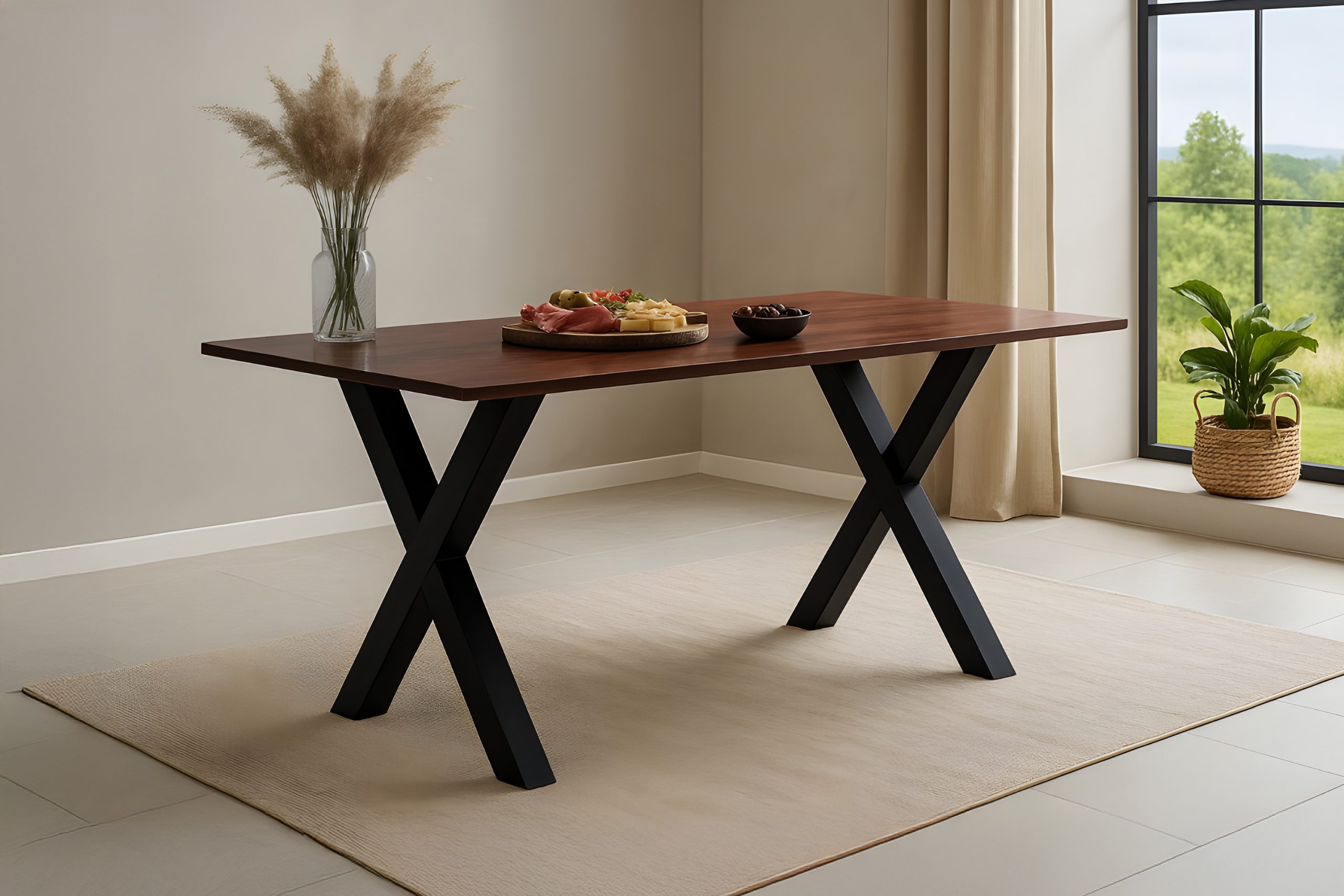 Esstisch 160x85 cm Akazie massiv kastaniefarben Schweizer Kante X-Gestell schwarz RITA