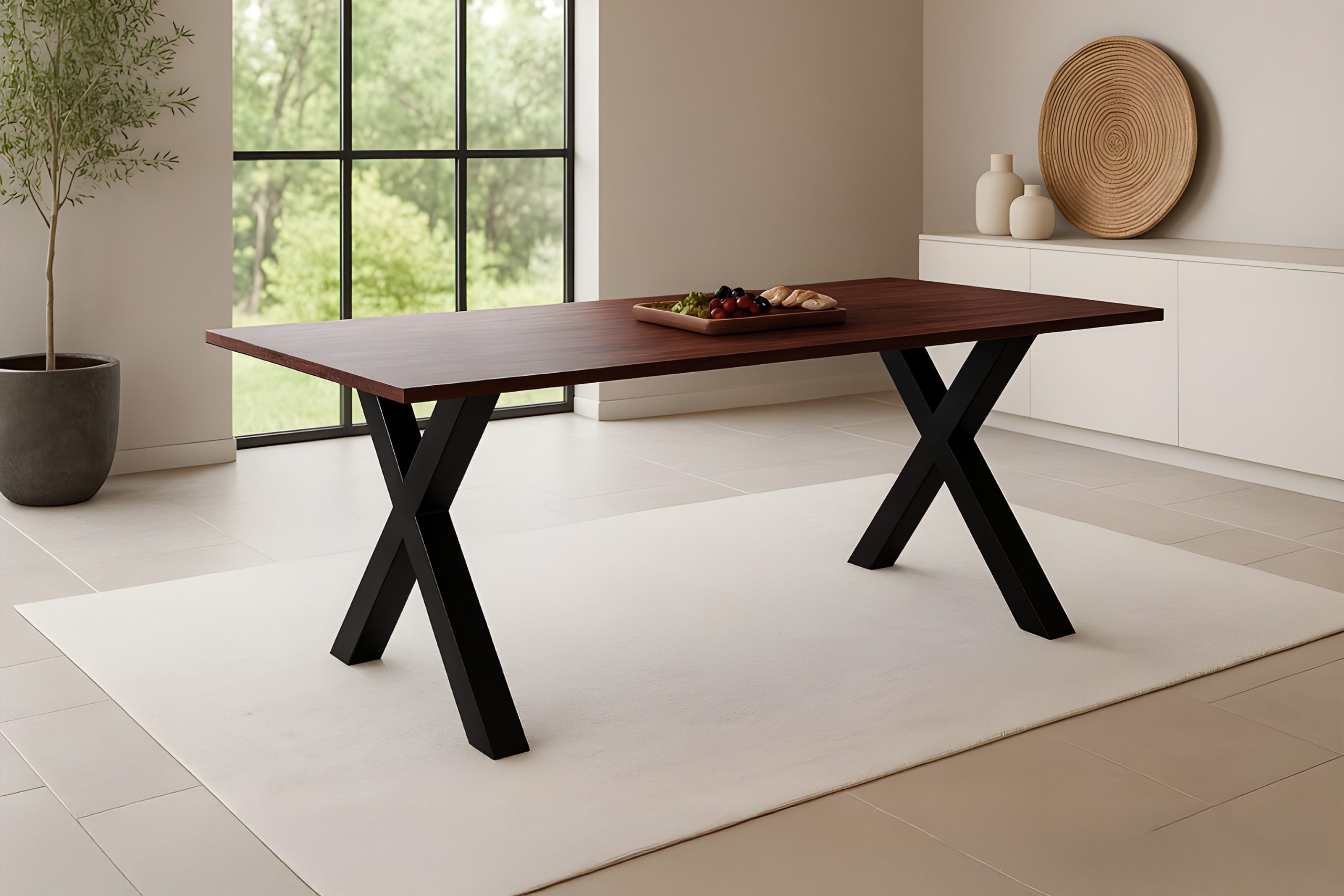 Esstisch 180x90 cm Akazie massiv kastaniefarben Schweizer Kante X-Gestell schwarz RITA