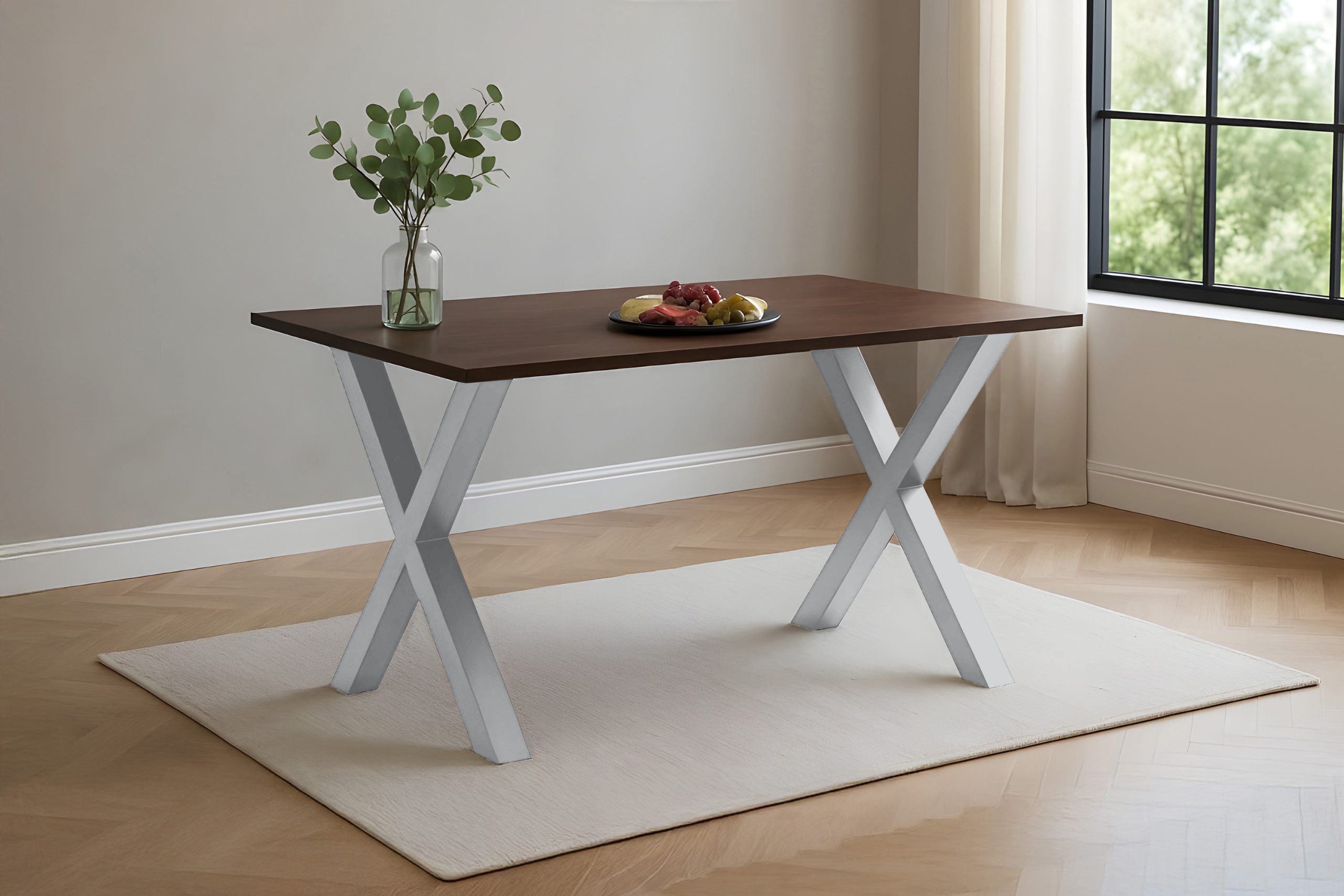 Esstisch 120x80 cm Akazie massiv kastaniefarben Schweizer Kante X-Gestell silber RITA