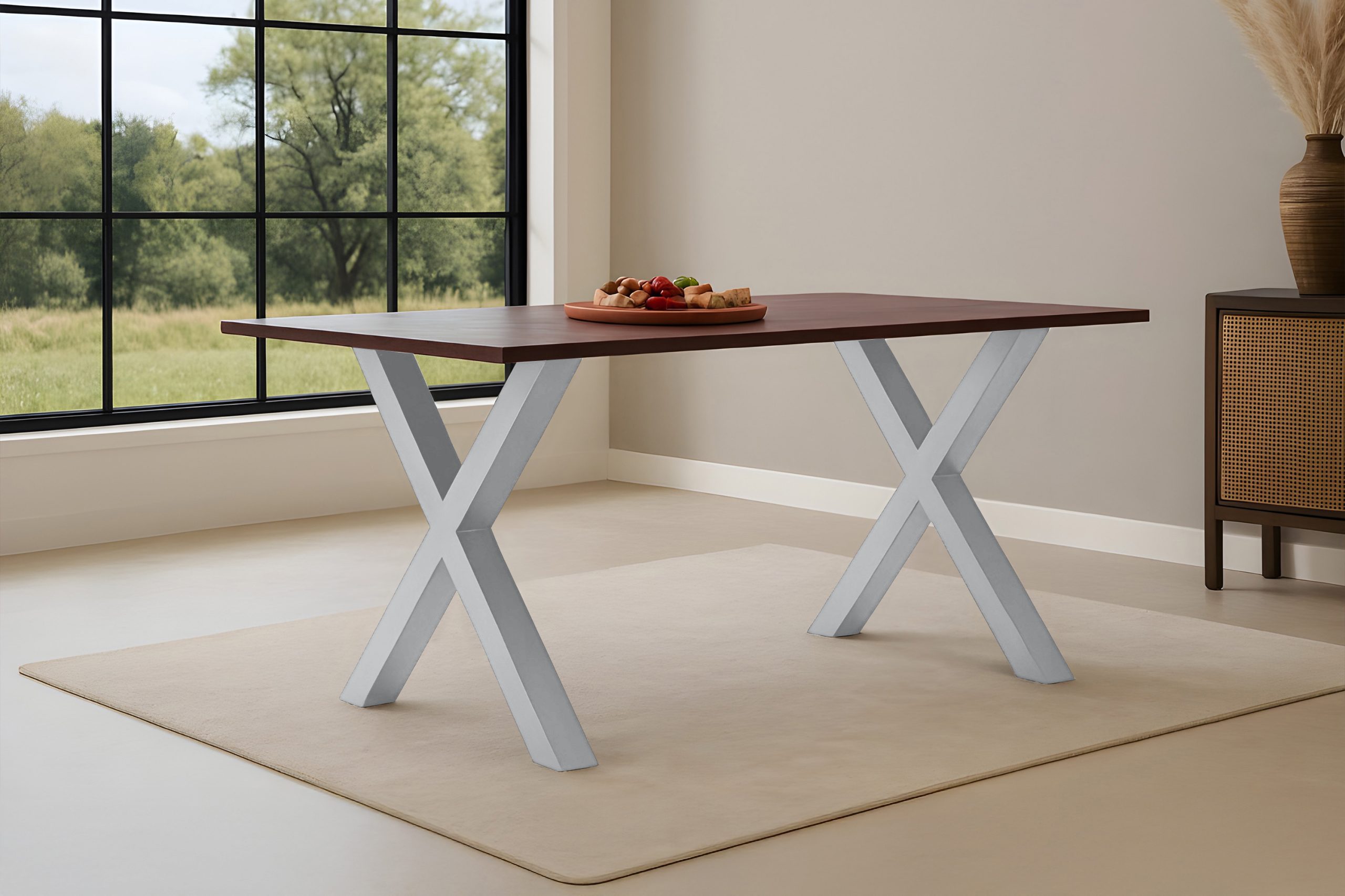 Esstisch 140x80 cm Akazie massiv kastaniefarben Schweizer Kante X-Gestell silber RITA