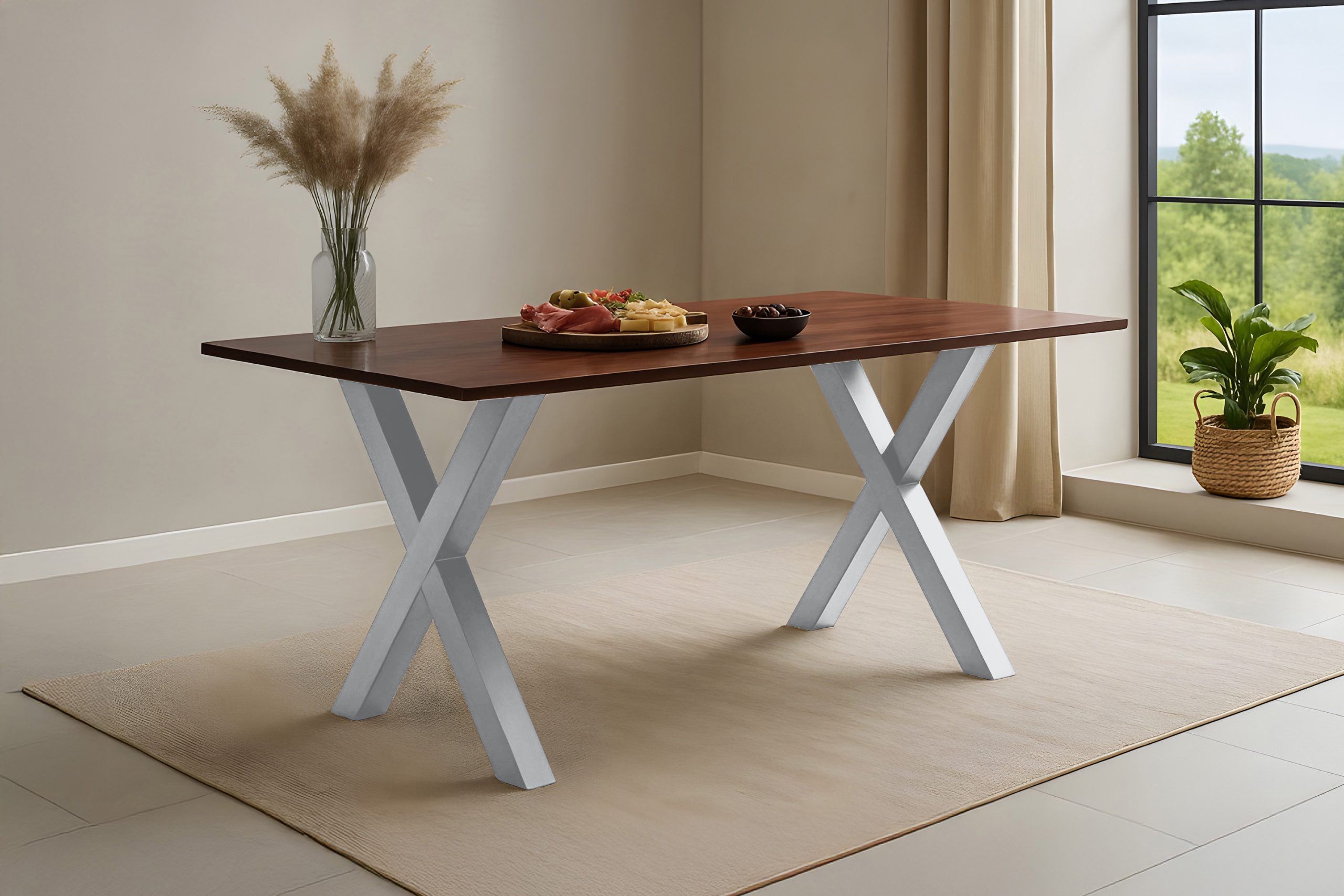 Esstisch 160x85 cm Akazie massiv kastaniefarben Schweizer Kante X-Gestell silber RITA