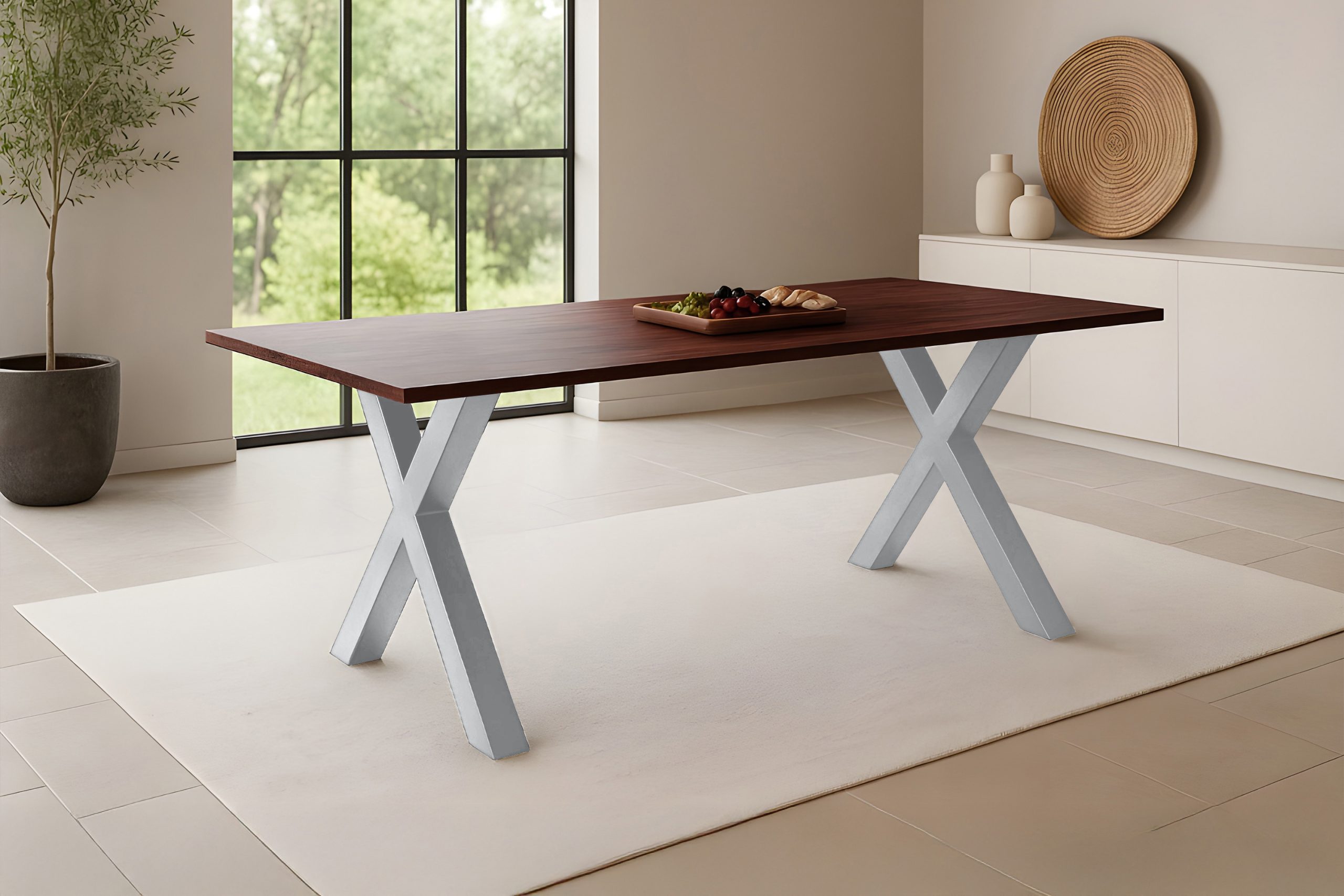 Esstisch 180x90 cm Akazie massiv kastaniefarben Schweizer Kante X-Gestell silber RITA