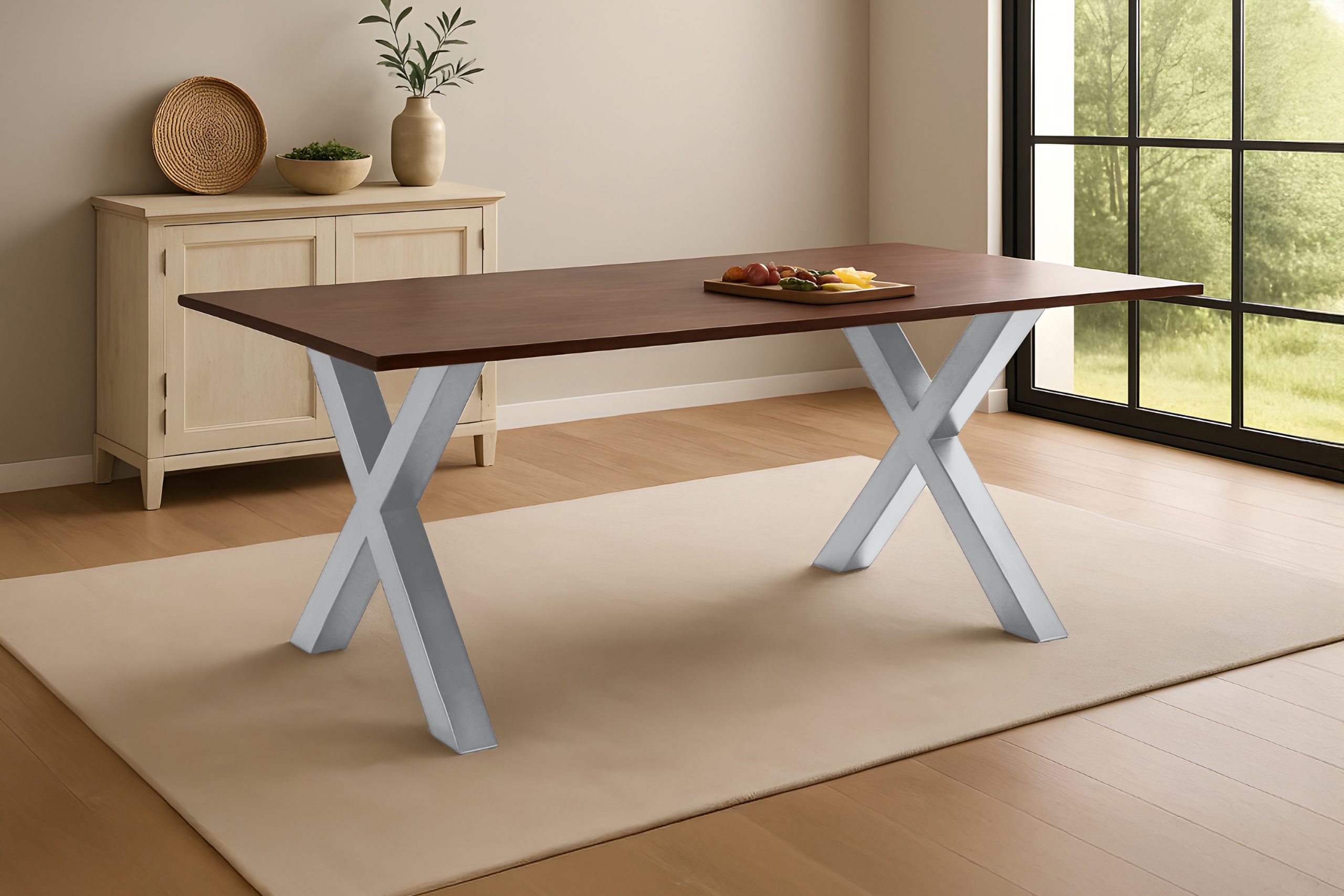 Esstisch 200x100 cm Akazie massiv kastaniefarben Schweizer Kante X-Gestell silber RITA