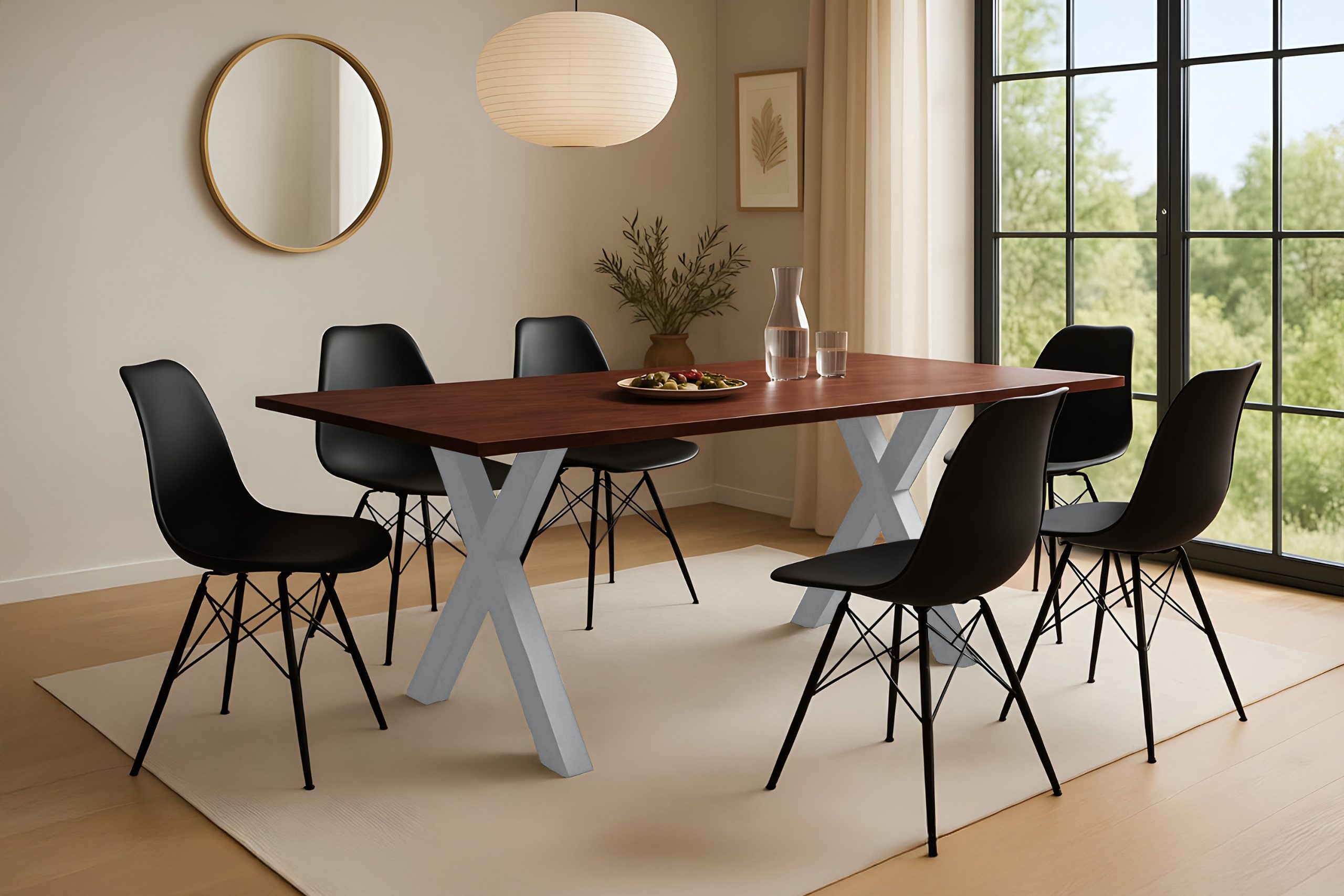 Esstisch 200x100 cm Akazie massiv kastaniefarben Schweizer Kante X-Gestell silber RITA – Bild 4