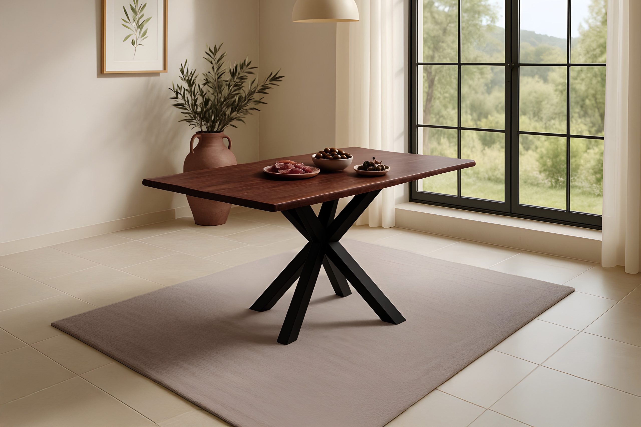 Esstisch Baumkante massiv Akazie kastaniefarben 120 x 80 cm Spider-Gestell schwarz ROXANA