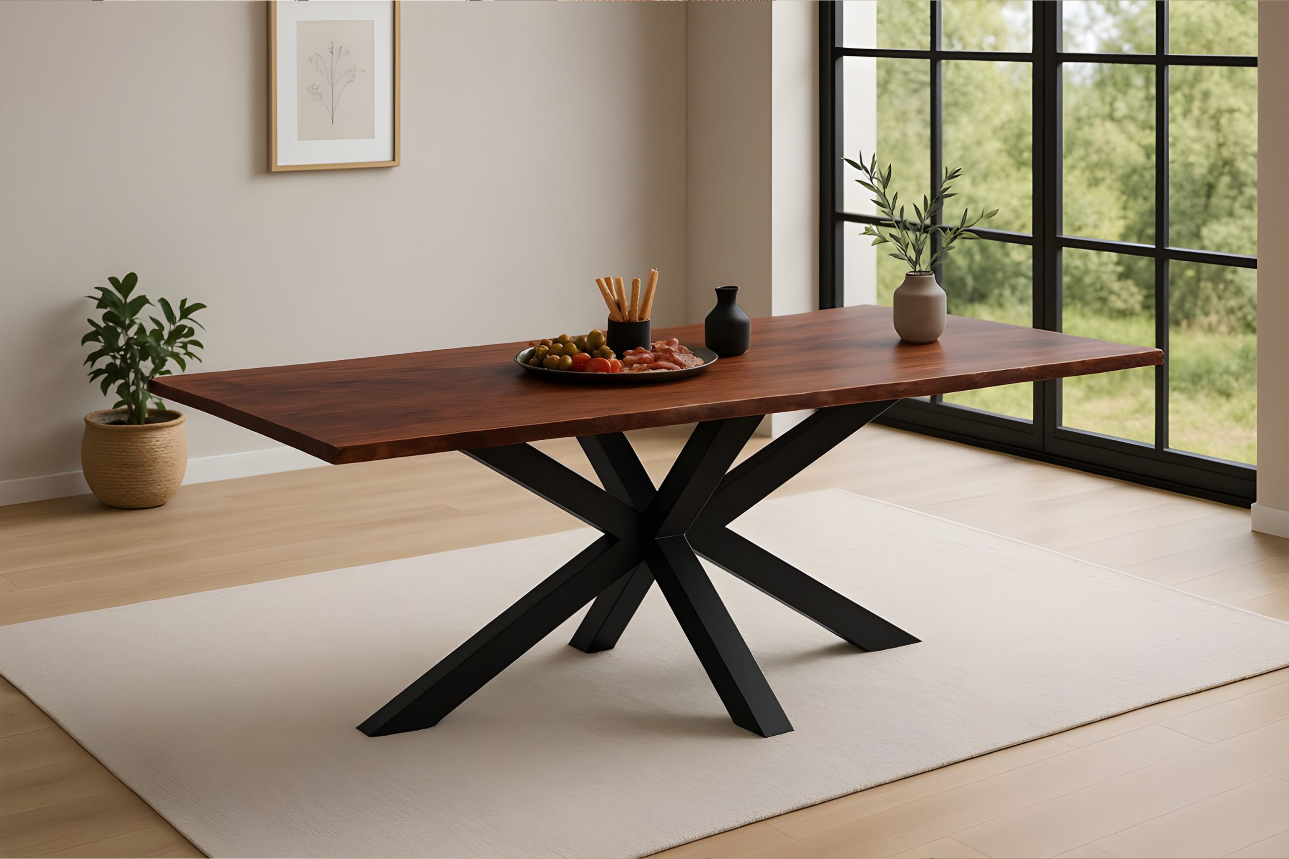 Esstisch Baumkante massiv Akazie kastaniefarben 200 x 100 cm Spider-Gestell schwarz ROXANA