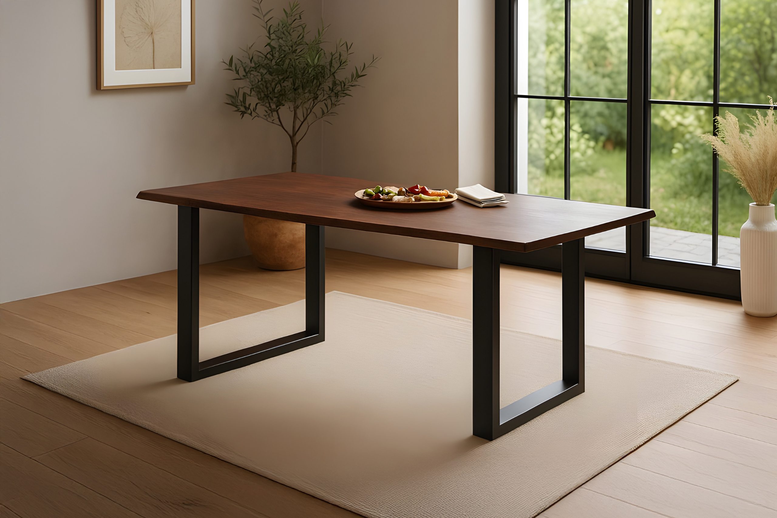 Esstisch Baumkante massiv Akazie kastaniefarben 160 x 85 cm U-Gestell schwarz ROXANA