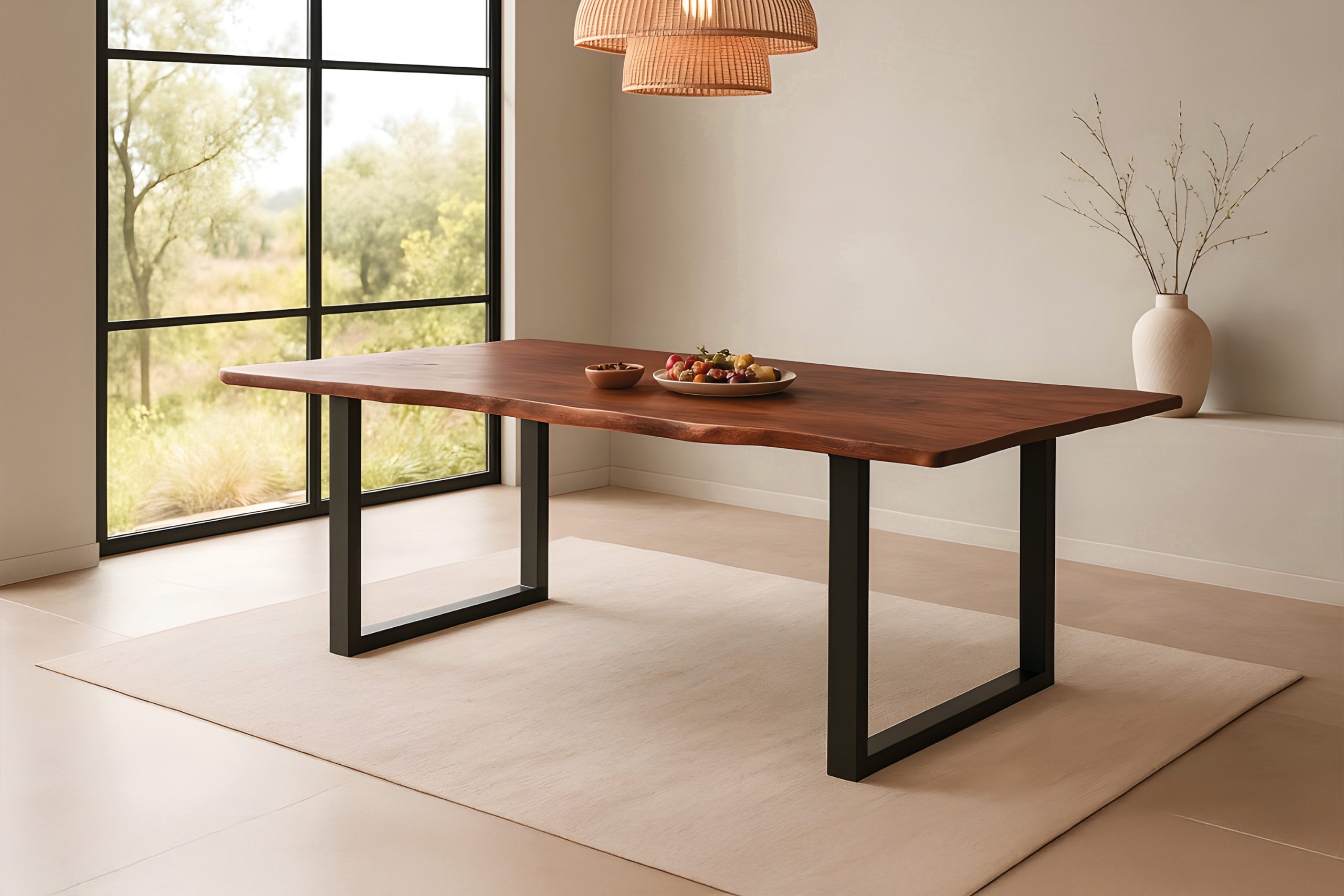 Esstisch Baumkante massiv Akazie kastaniefarben 200 x 100 cm U-Gestell schwarz ROXANA