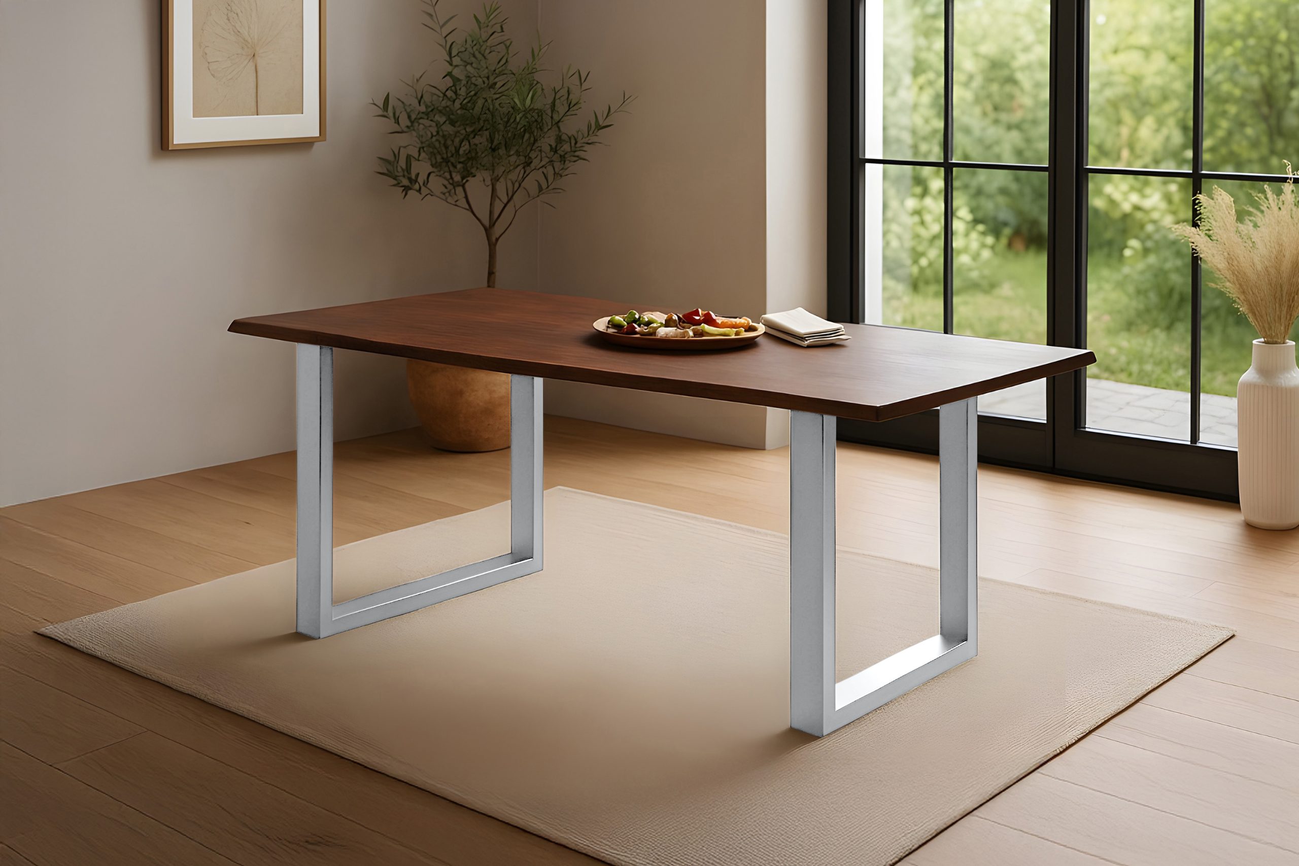 Esstisch Baumkante massiv Akazie kastaniefarben 160 x 85 cm U-Gestell silber ROXANA