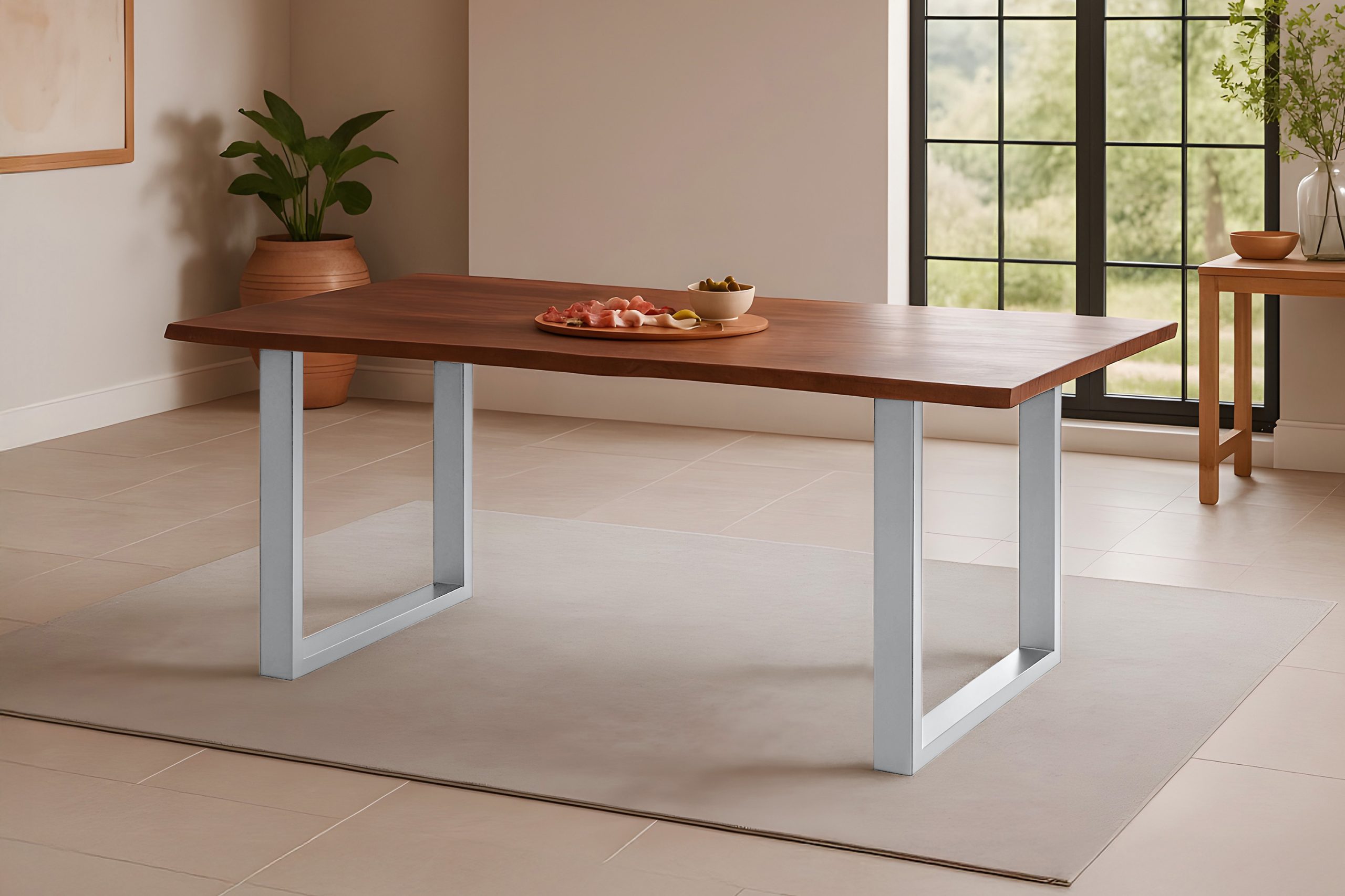 Esstisch Baumkante massiv Akazie kastaniefarben 180 x 90 cm U-Gestell silber ROXANA