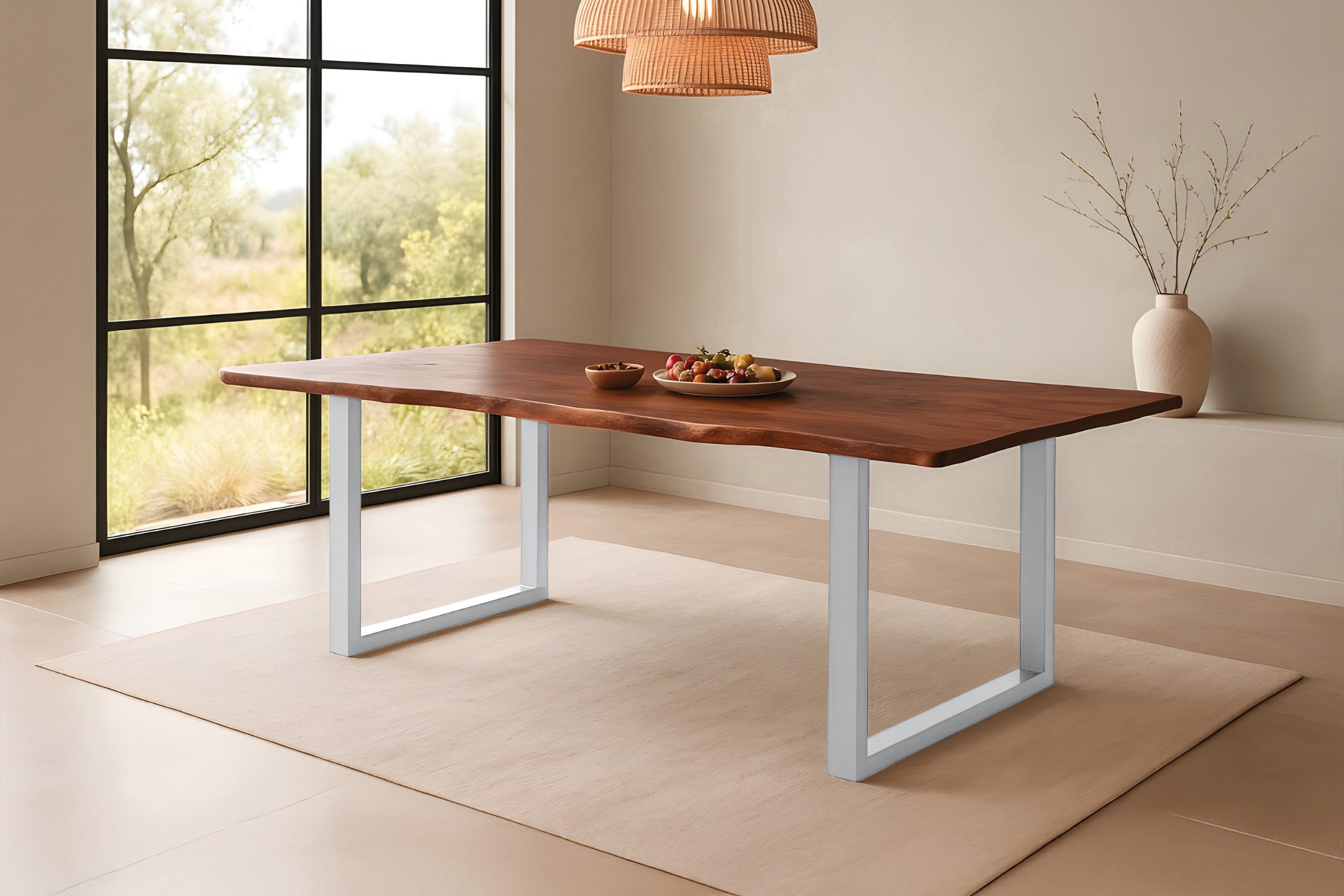 Esstisch Baumkante massiv Akazie kastaniefarben 200 x 100 cm U-Gestell silber ROXANA