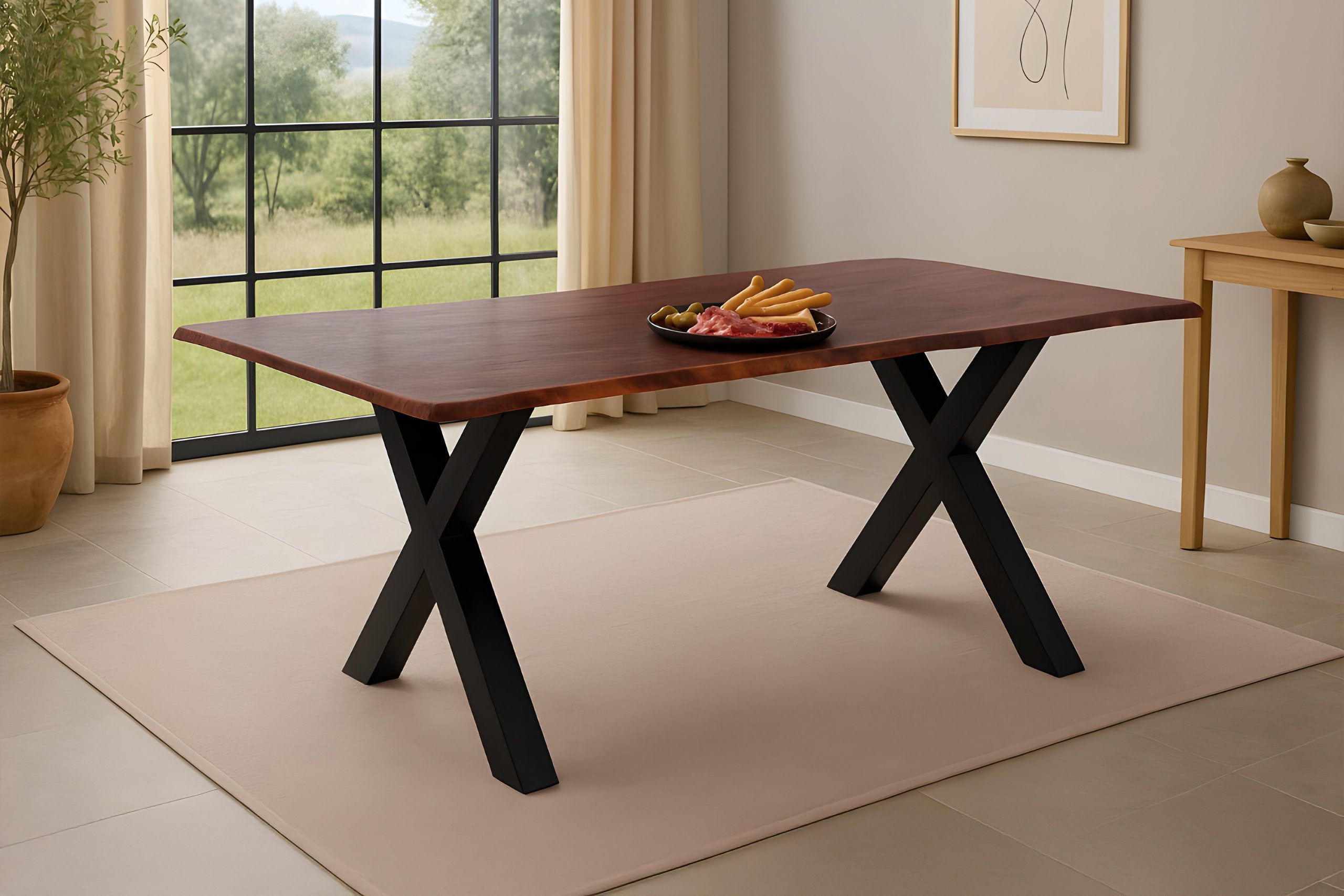 Esstisch Baumkante massiv Akazie kastaniefarben 160 x 85 cm X-Gestell schwarz ROXANA