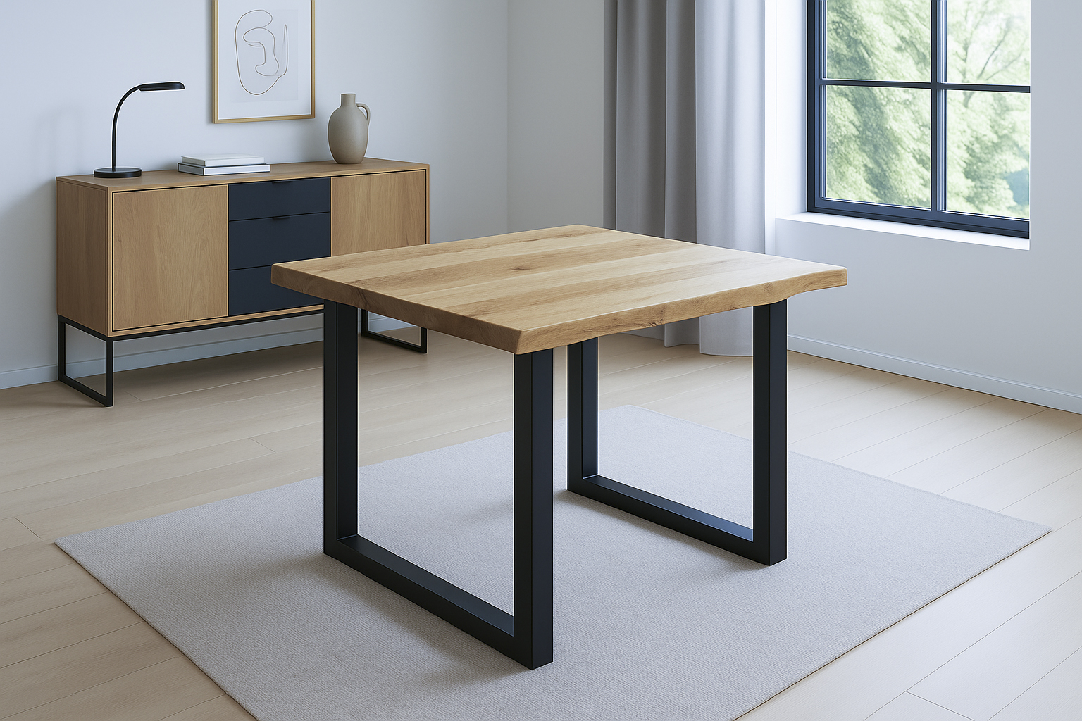 Esstisch Baumkante 80 x 80 cm Wildeiche U-Gestell schwarz SERRA