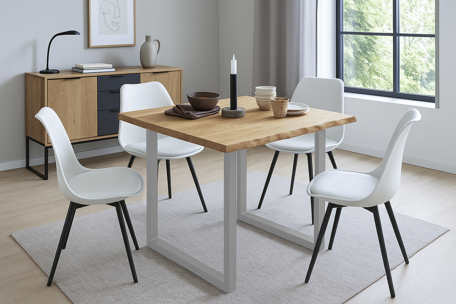 Esstisch Baumkante 90 x 90 cm Wildeiche U-Gestell silber SERRA – Bild 4