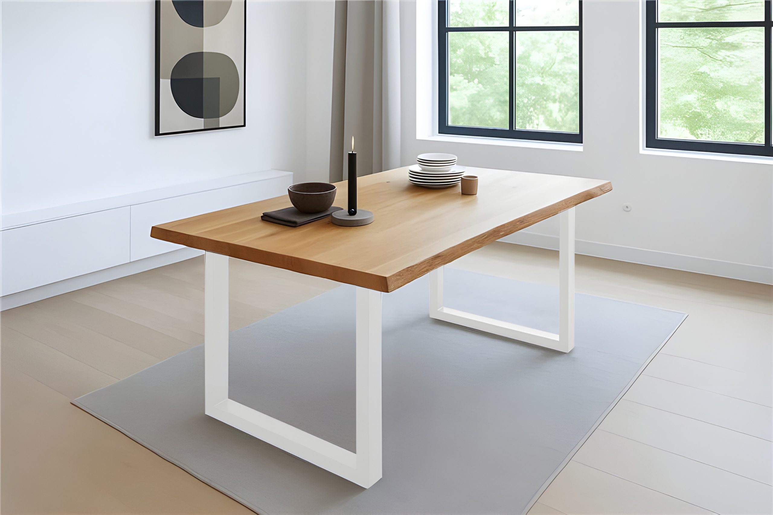 Esstisch Baumkante 160 x 85 cm Wildeiche U-Gestell weiß SERRA