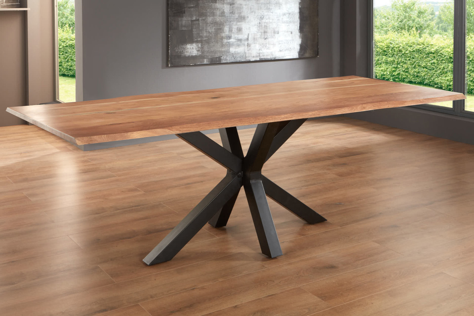 Esstisch Baumkante massiv Akazie natur 280 x 100 Spider-Gestell schwarz SPYRO