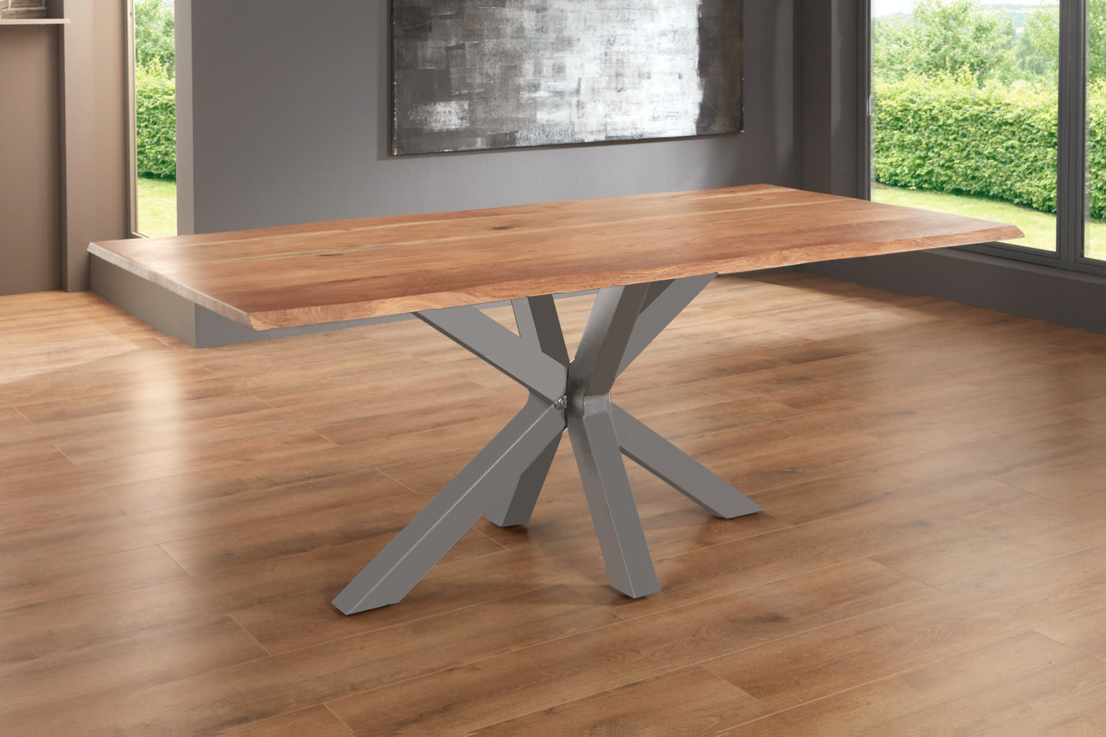 Esstisch Baumkante massiv Akazie natur 260 x 100 Spider-Gestell silber SPYRO