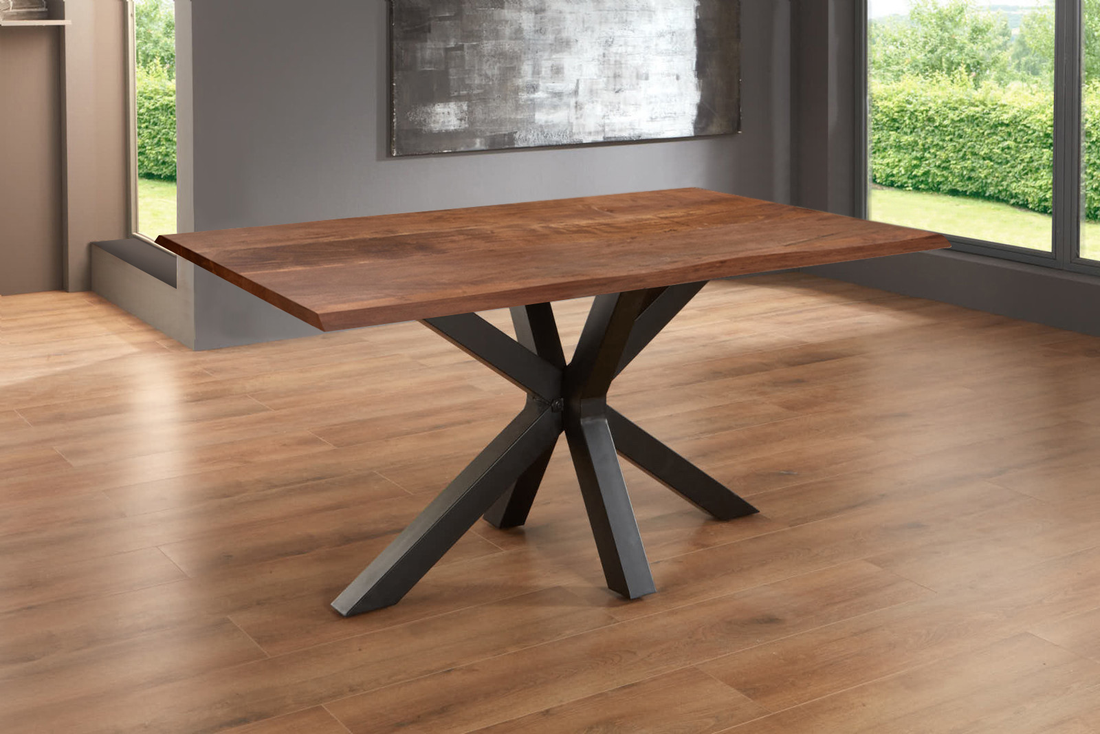 Esstisch Baumkante massiv Akazie nussbaum 140 x 80 Spider-Gestell schwarz SPYRO