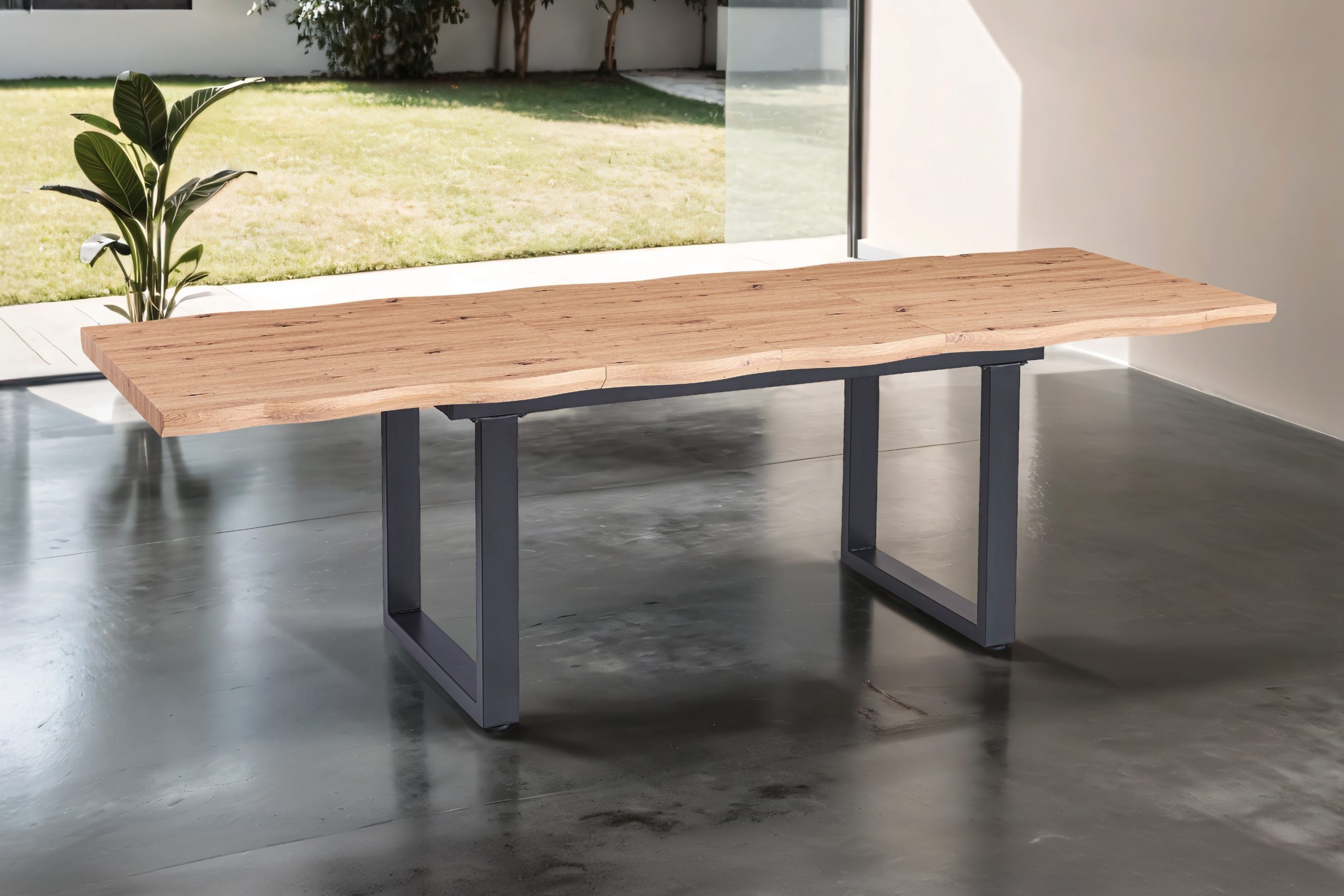 Esszimmertisch Baumkante eichenfarben 180(260) x 90 schwarz U-Gestell SWAN