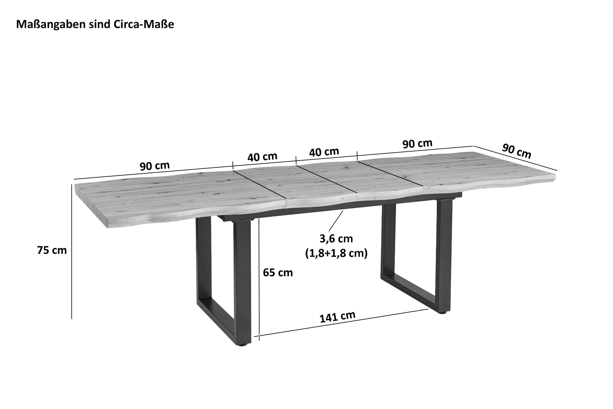 Esszimmertisch Baumkante eichenfarben 180(260) x 90 schwarz U-Gestell SWAN – Bild 3
