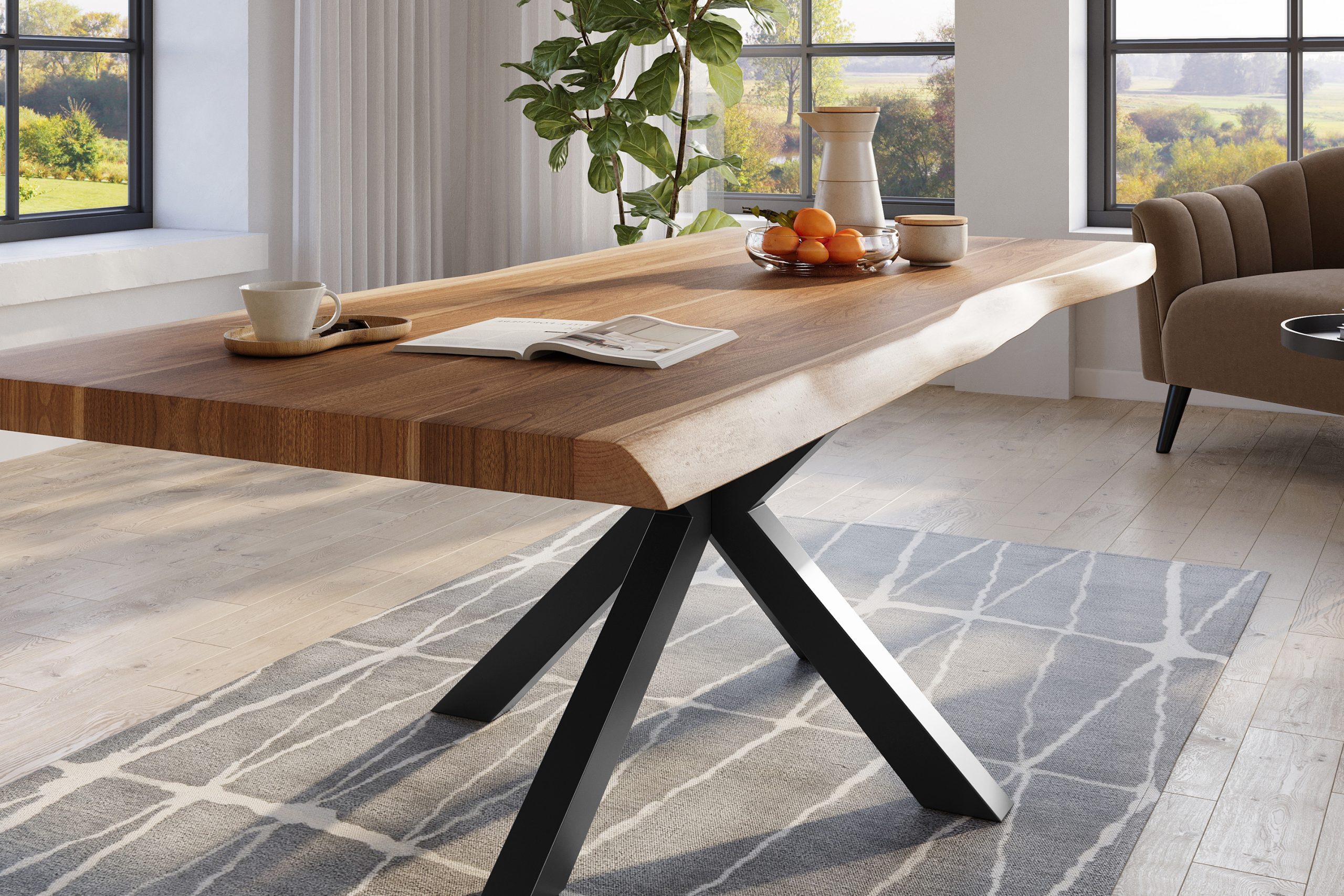 Baumkantentisch 200 x 110 cm Esstisch massiv Akazie Natur Spider-Gestell Schwarz TITAN – Bild 5