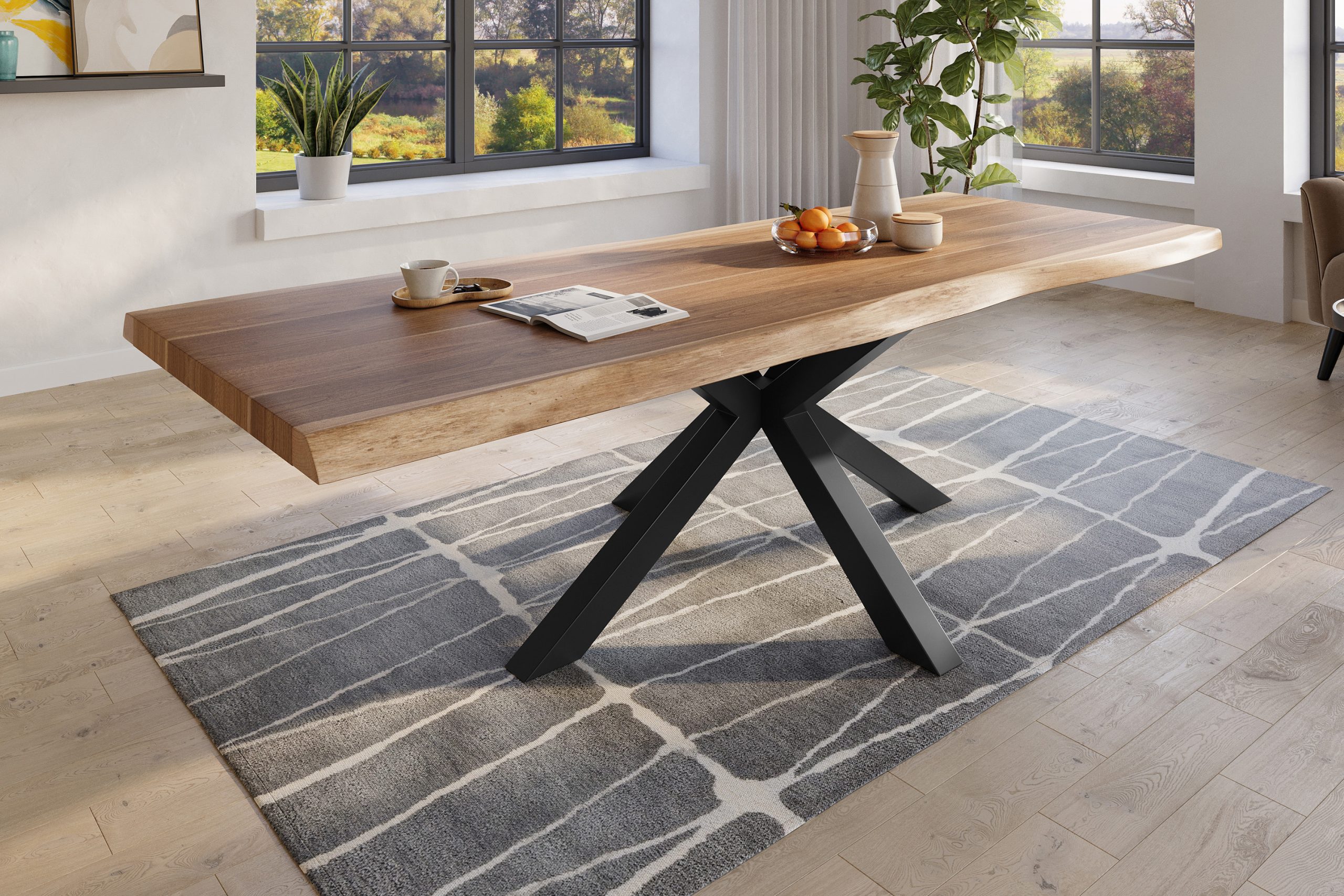 Baumkantentisch 260 x 120 cm Esstisch massiv Akazie Natur Spider-Gestell Schwarz TITAN