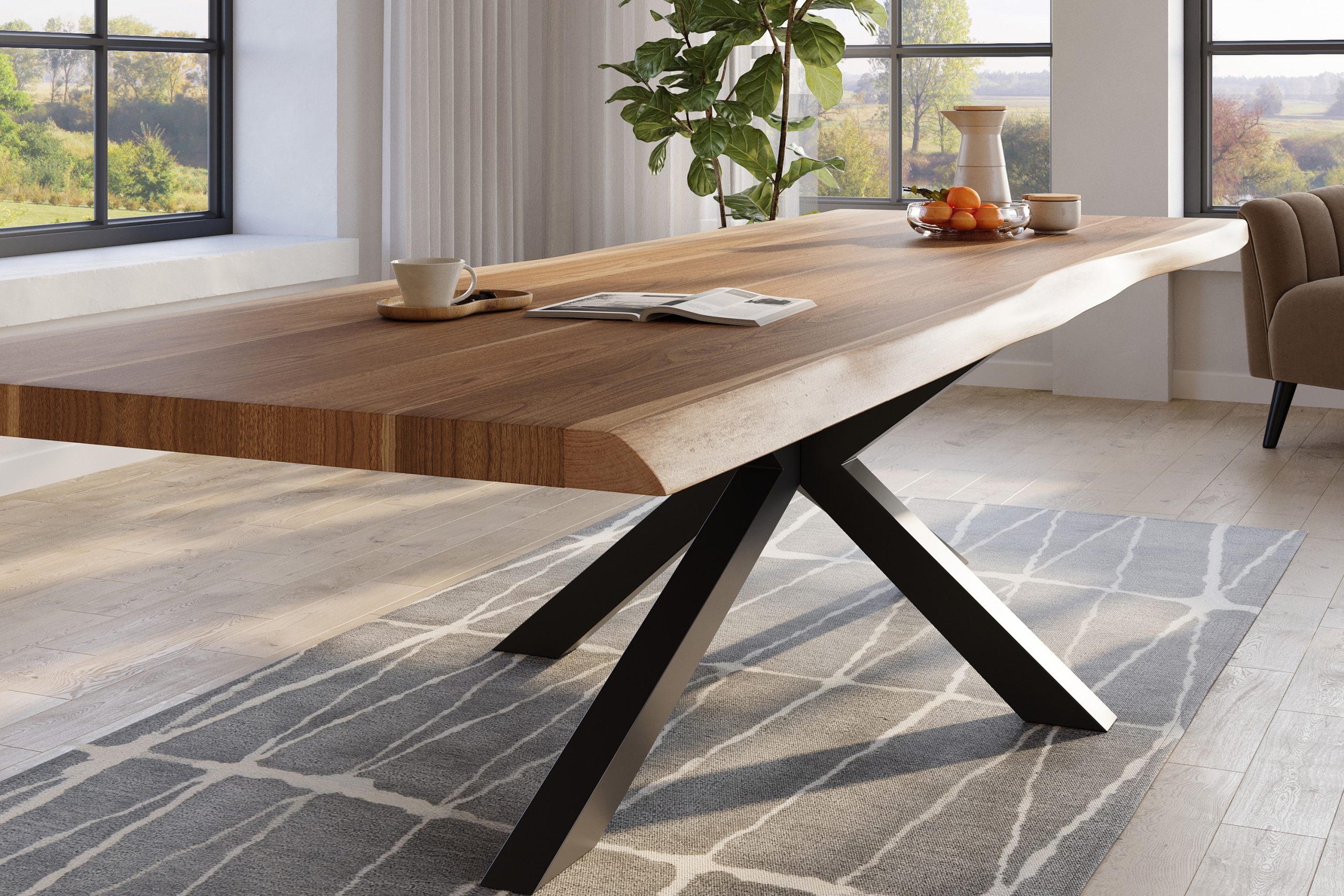 Baumkantentisch 350 x 120 cm Esstisch massiv Akazie Natur Spider-Gestell Schwarz TITAN – Bild 5