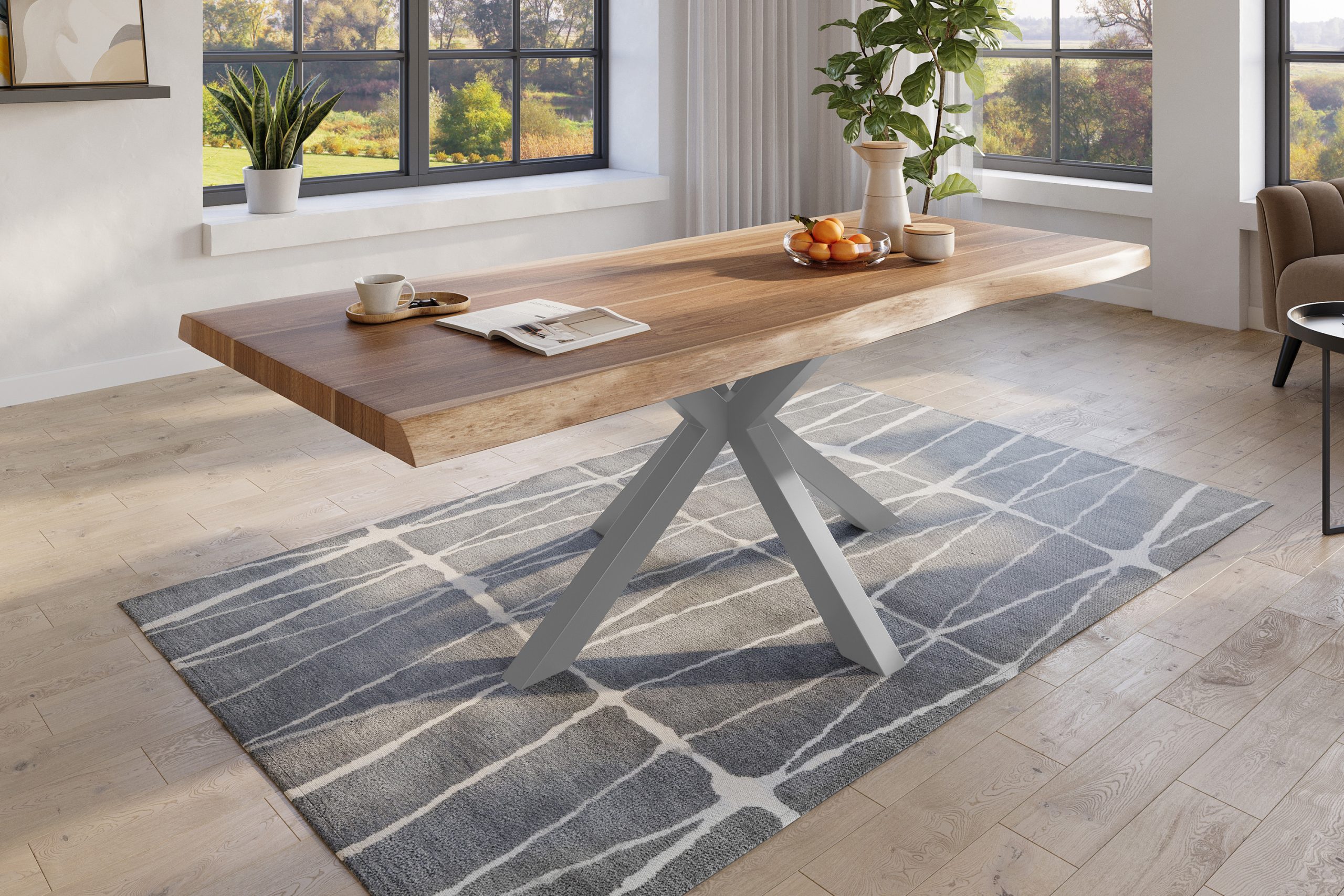 Baumkantentisch 240 x 110 cm Esstisch massiv Akazie Natur Spider-Gestell Silber TITAN