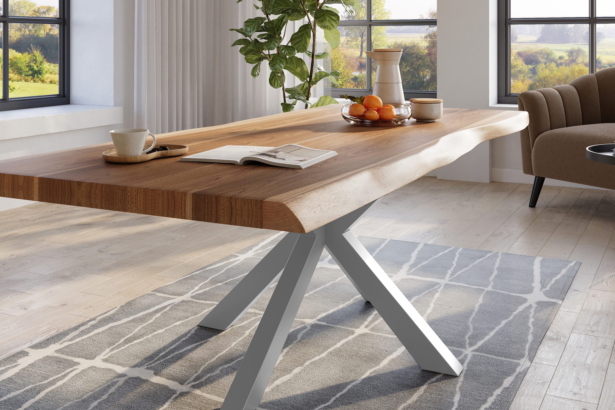 Baumkantentisch 240 x 110 cm Esstisch massiv Akazie Natur Spider-Gestell Silber TITAN – Bild 5