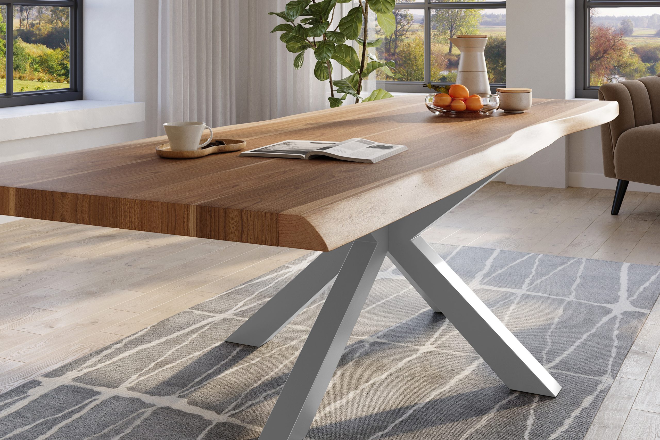 Baumkantentisch 260 x 110 cm Esstisch massiv Akazie Natur Spider-Gestell Silber TITAN – Bild 5