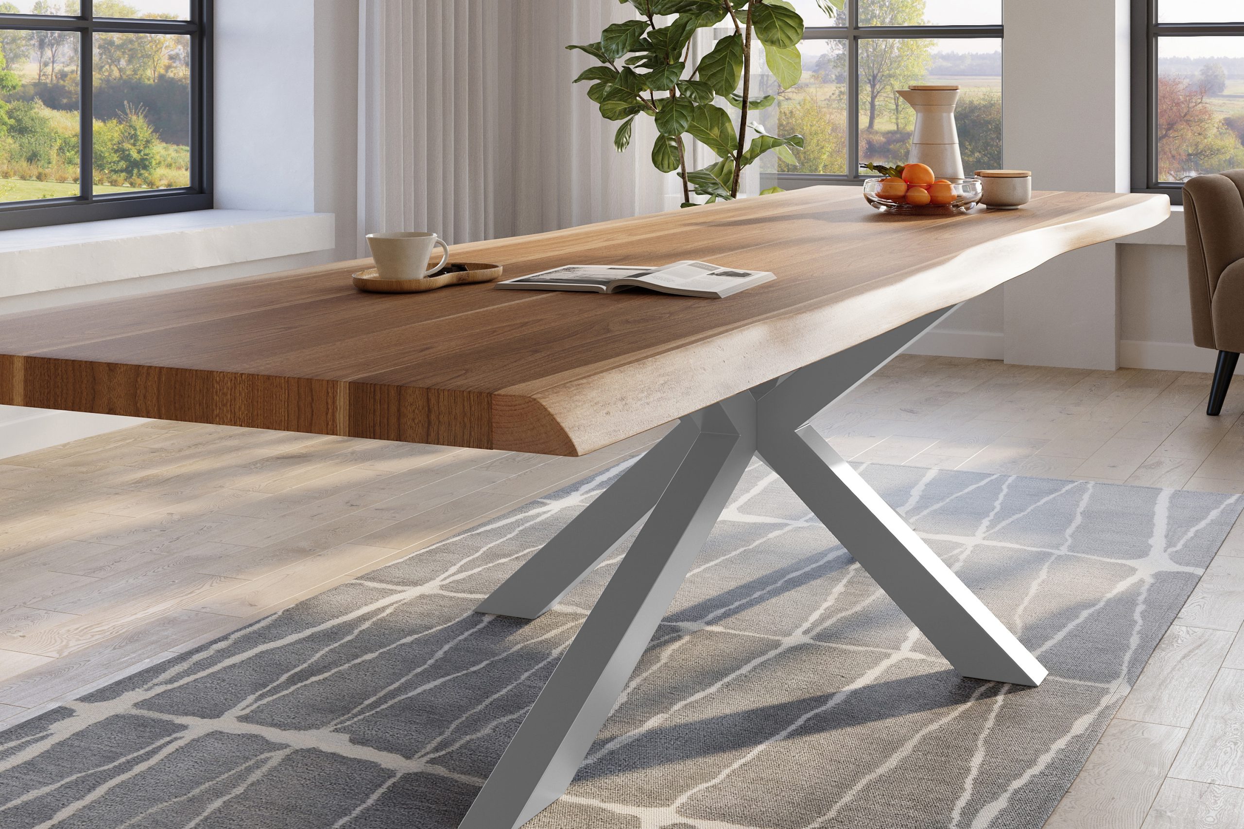 Baumkantentisch 300 x 110 cm Esstisch massiv Akazie Natur Spider-Gestell Silber TITAN – Bild 5