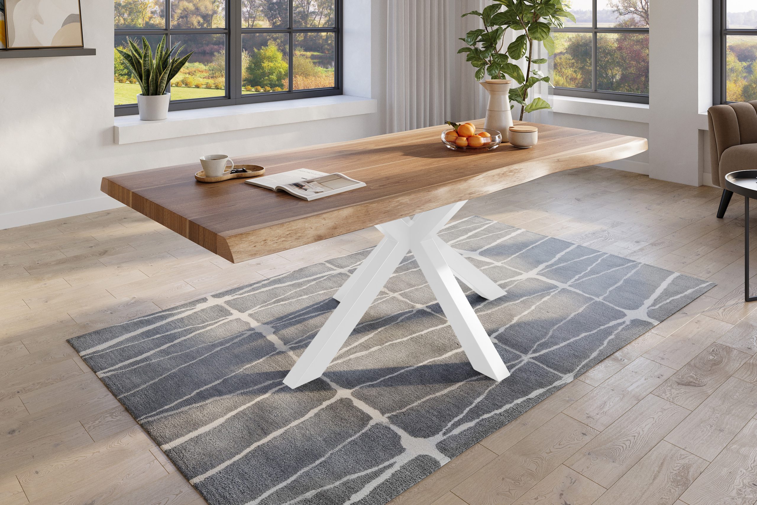 Baumkantentisch 200 x 110 cm Esstisch massiv Akazie Natur Spider-Gestell Weiß TITAN