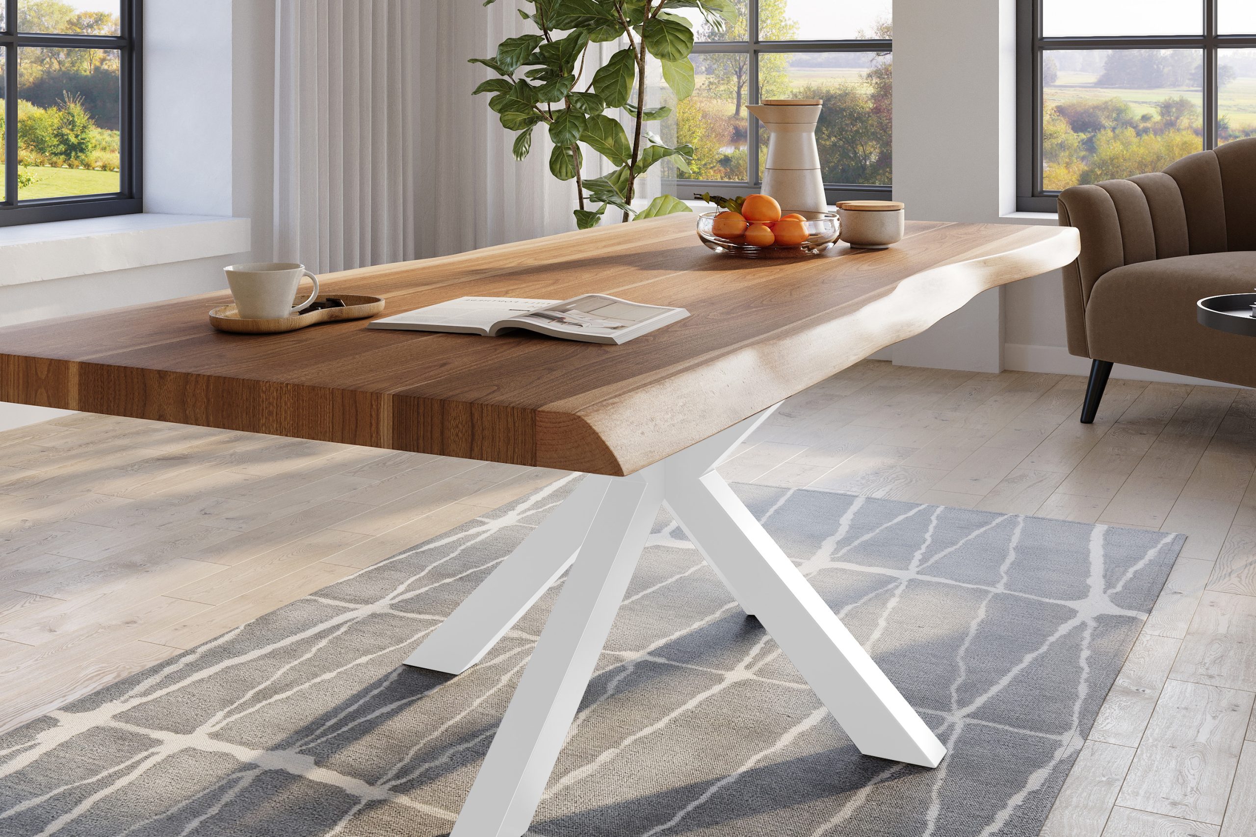 Baumkantentisch 240 x 110 cm Esstisch massiv Akazie Natur Spider-Gestell Weiß TITAN – Bild 5