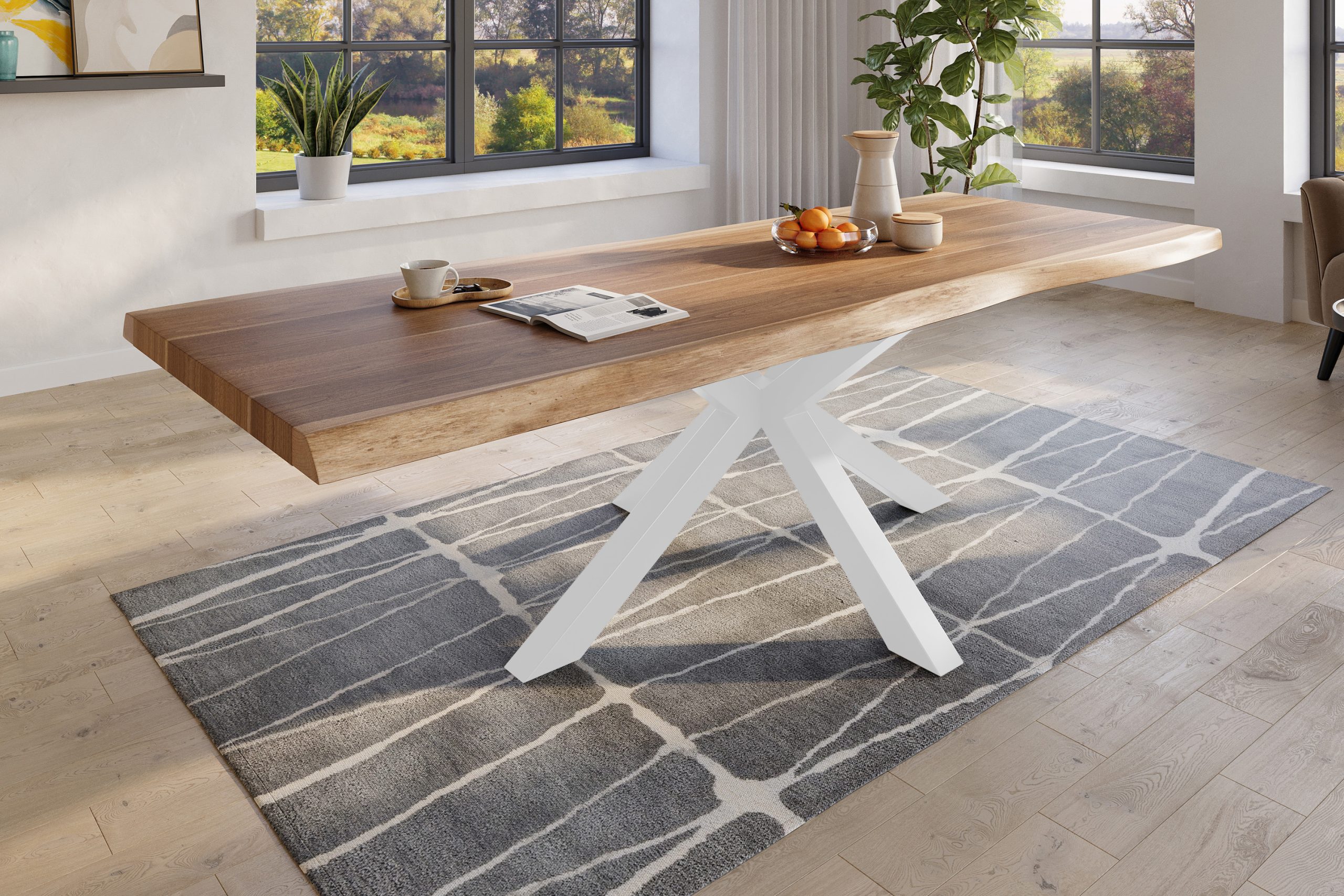 Baumkantentisch 280 x 110 cm Esstisch massiv Akazie Natur Spider-Gestell Weiß TITAN