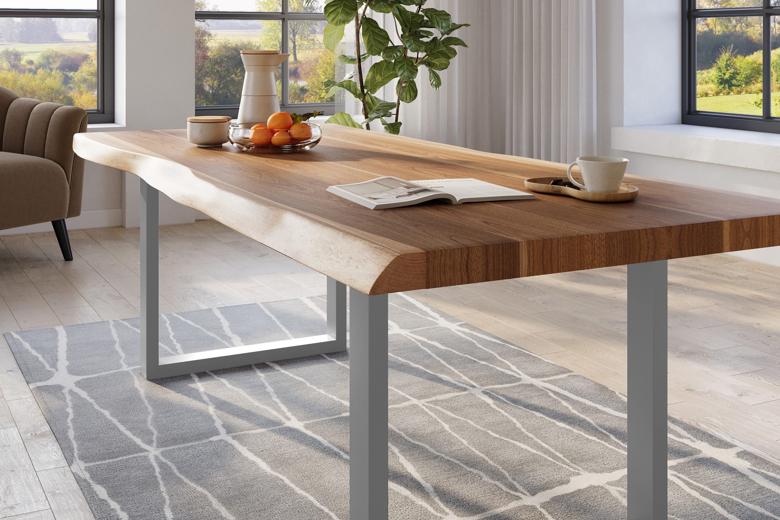 Baumkantentisch 200 x 110 cm Esstisch massiv Akazie Natur U-Gestell Silber TITAN – Bild 4