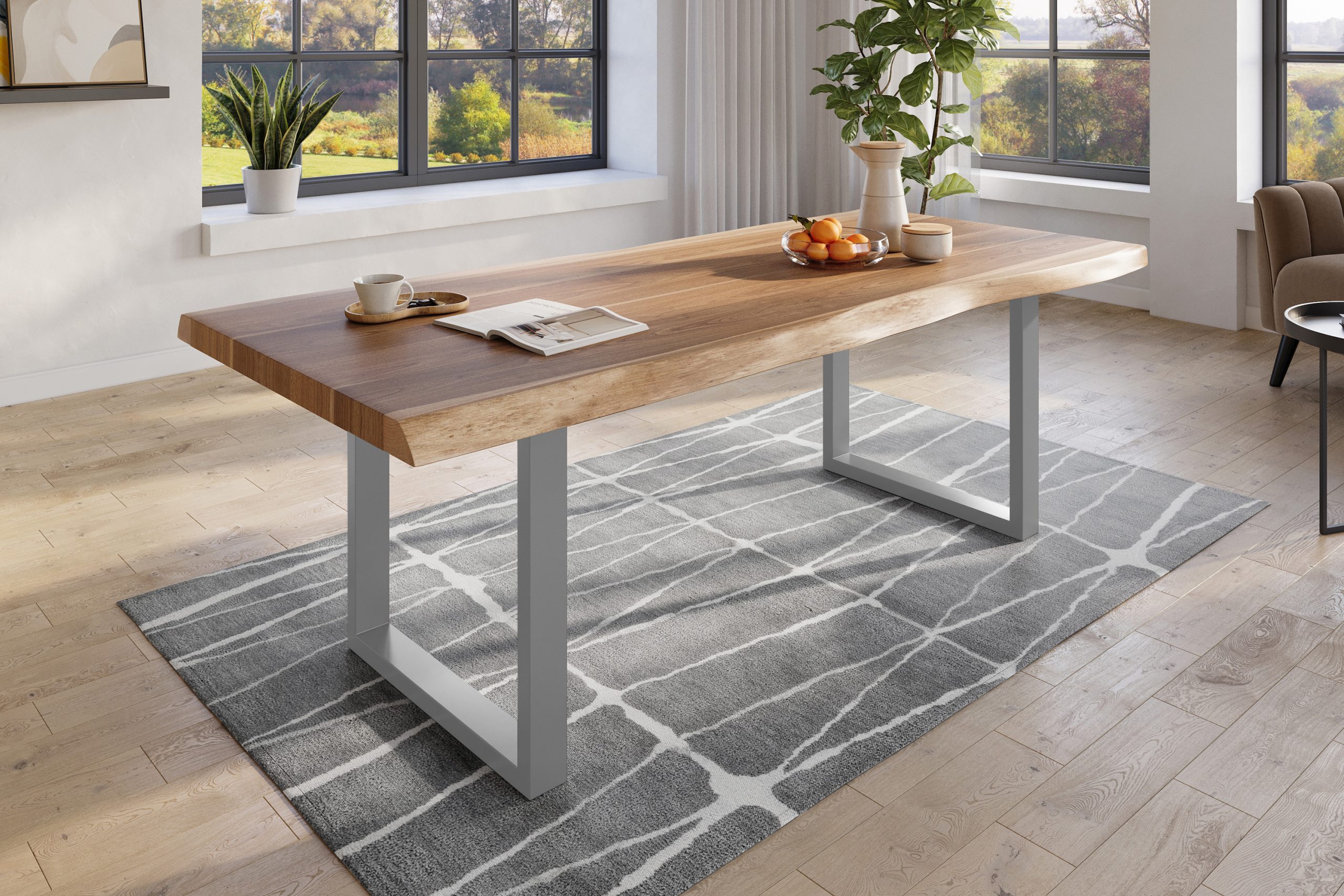 Baumkantentisch 240 x 120 cm Esstisch massiv Akazie Natur U-Gestell Silber TITAN