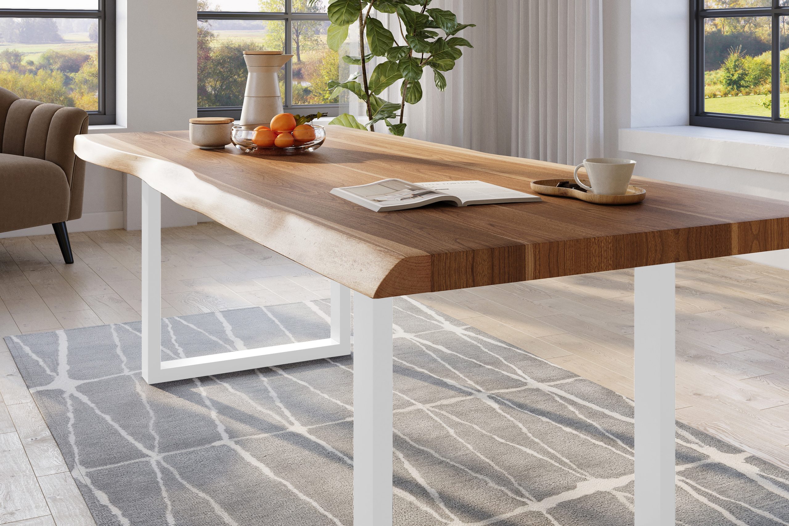 Baumkantentisch 220 x 110 cm Esstisch massiv Akazie Natur U-Gestell Weiß TITAN – Bild 4