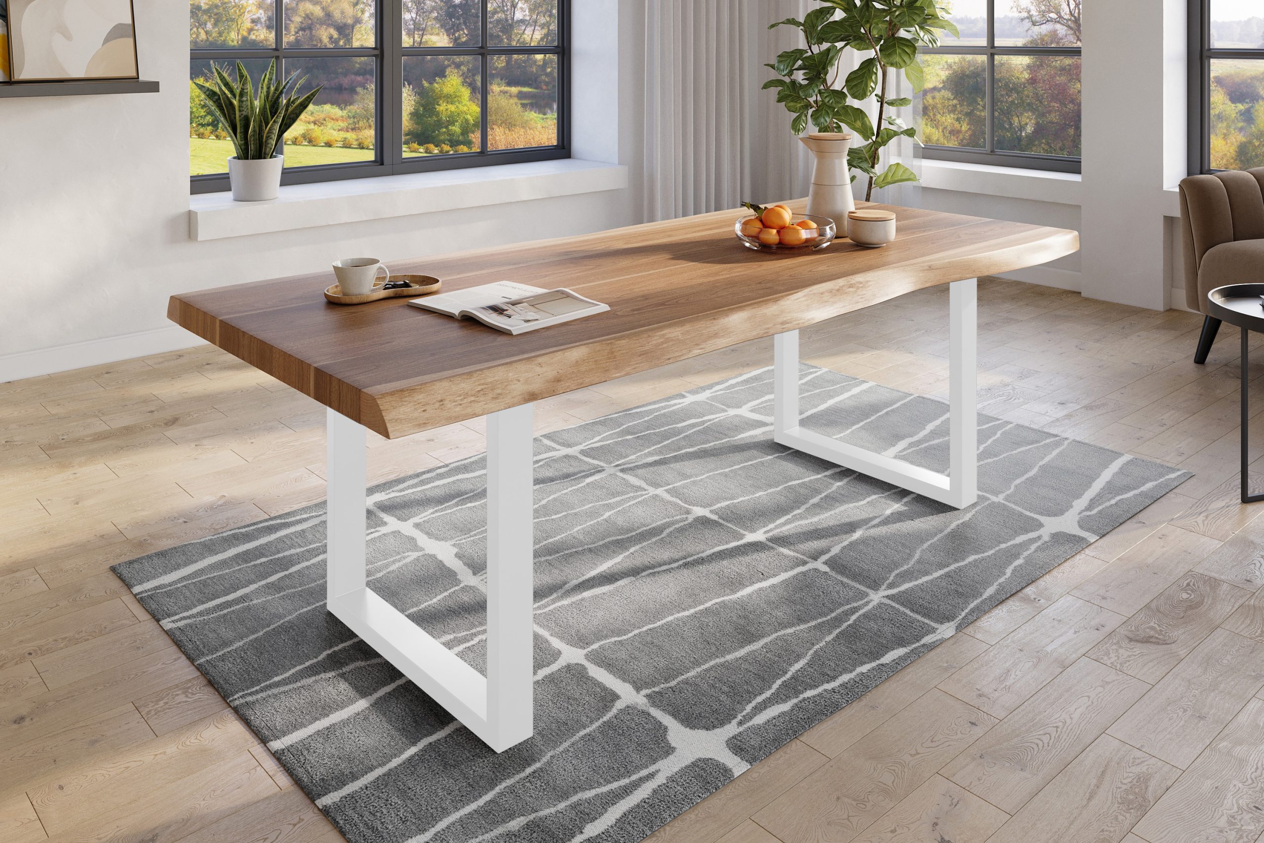 Baumkantentisch 240 x 120 cm Esstisch massiv Akazie Natur U-Gestell Weiß TITAN