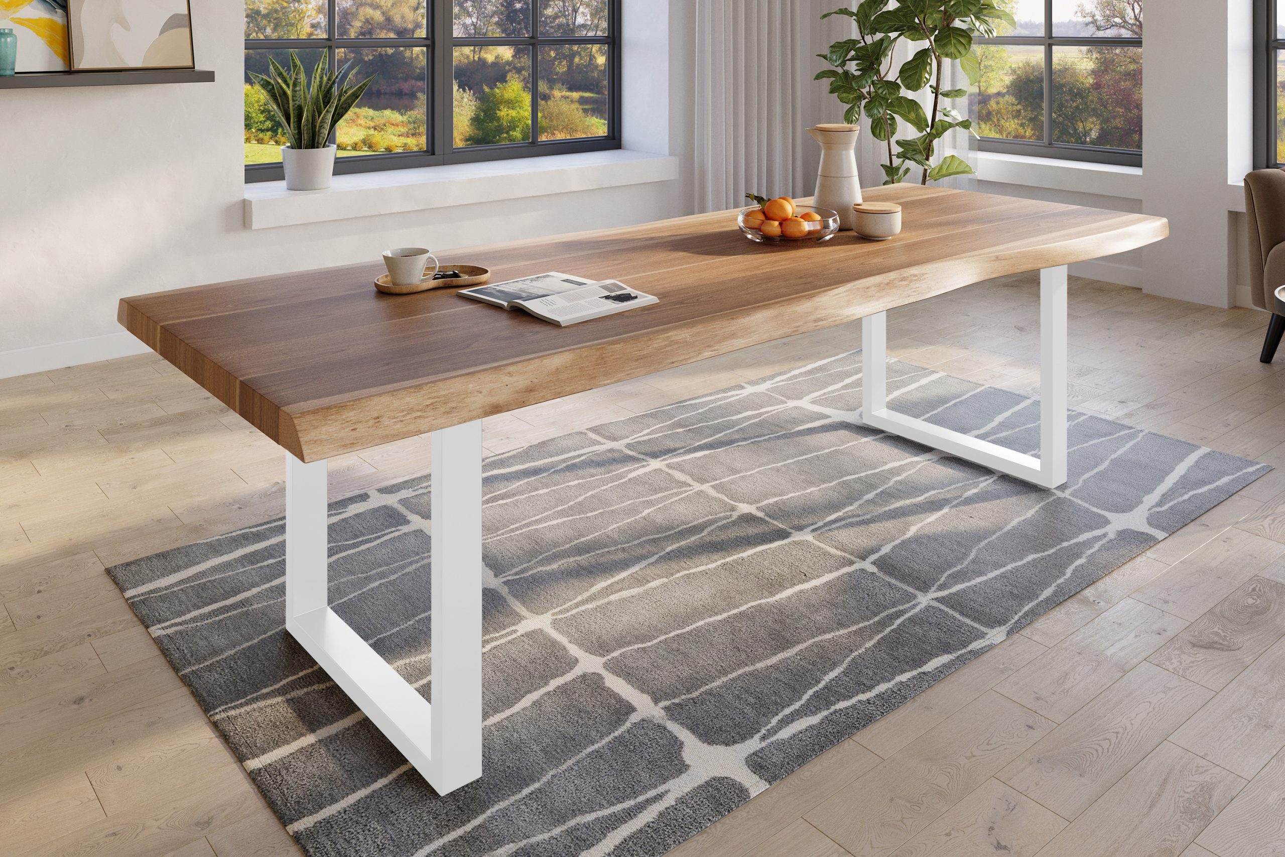 Baumkantentisch 280 x 120 cm Esstisch massiv Akazie Natur U-Gestell Weiß TITAN