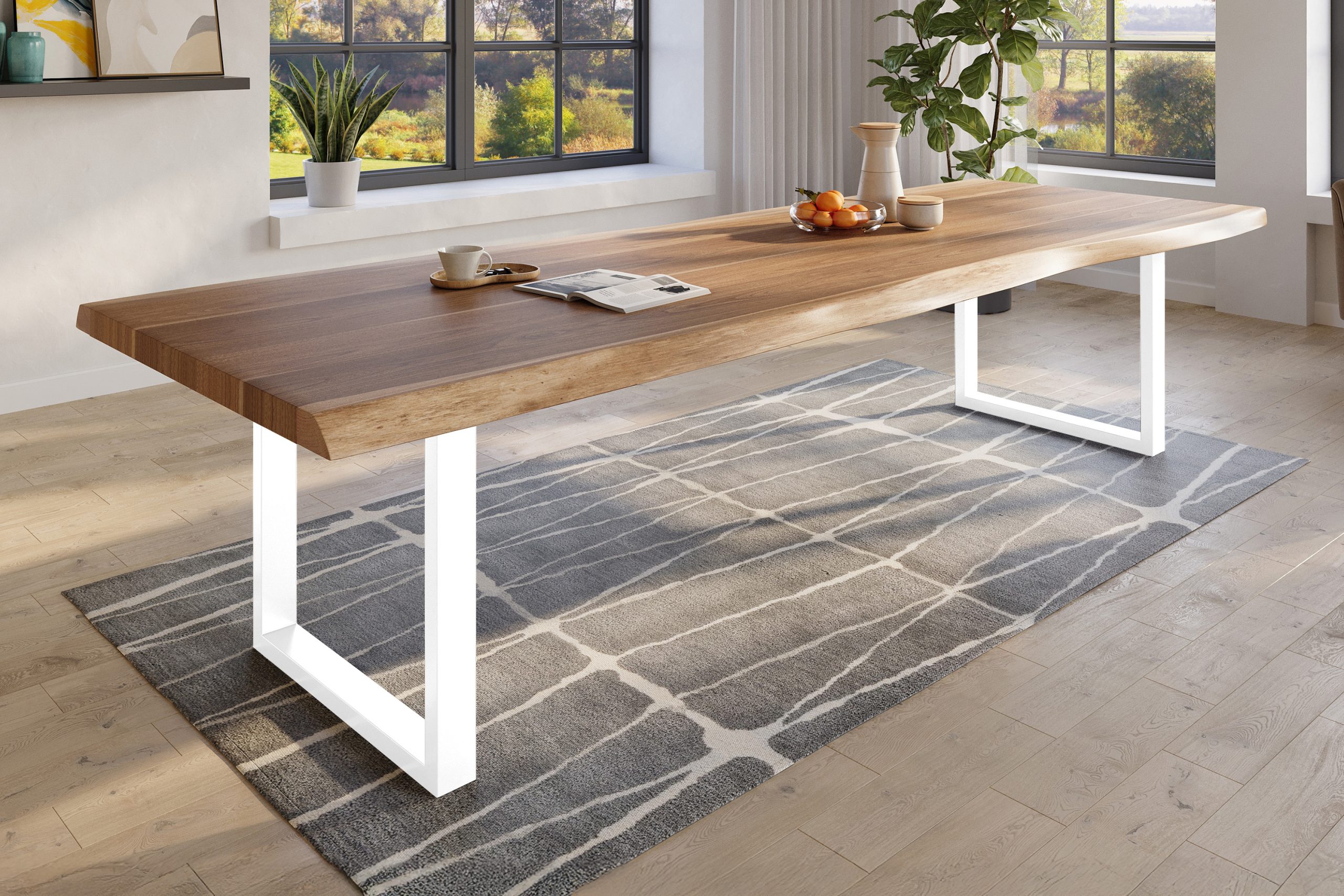 Baumkantentisch 350 x 120 cm Esstisch massiv Akazie Natur U-Gestell Weiß TITAN