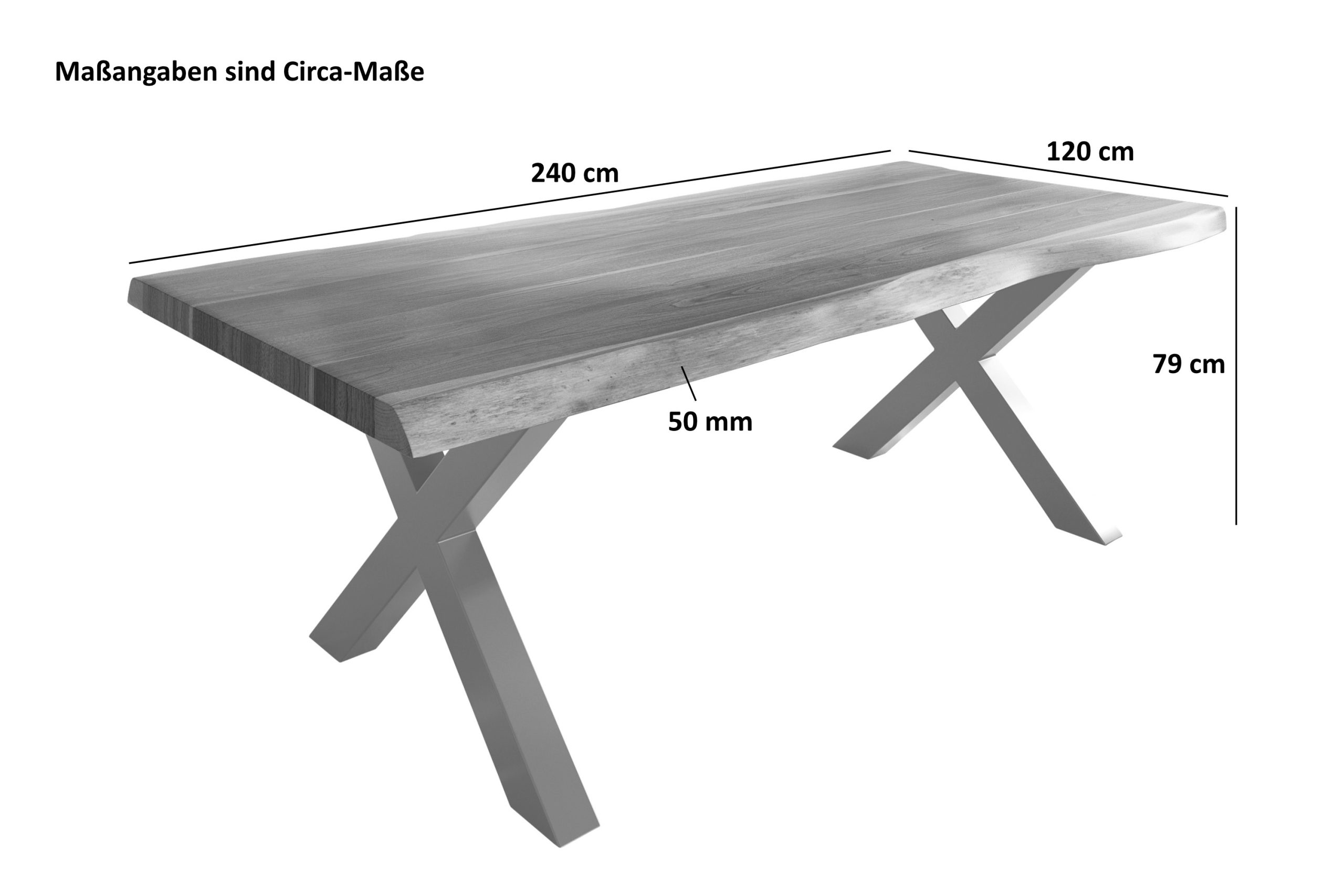 Baumkantentisch 240 x 120 cm Esstisch massiv Akazie Natur X-Gestell Schwarz TITAN – Bild 4