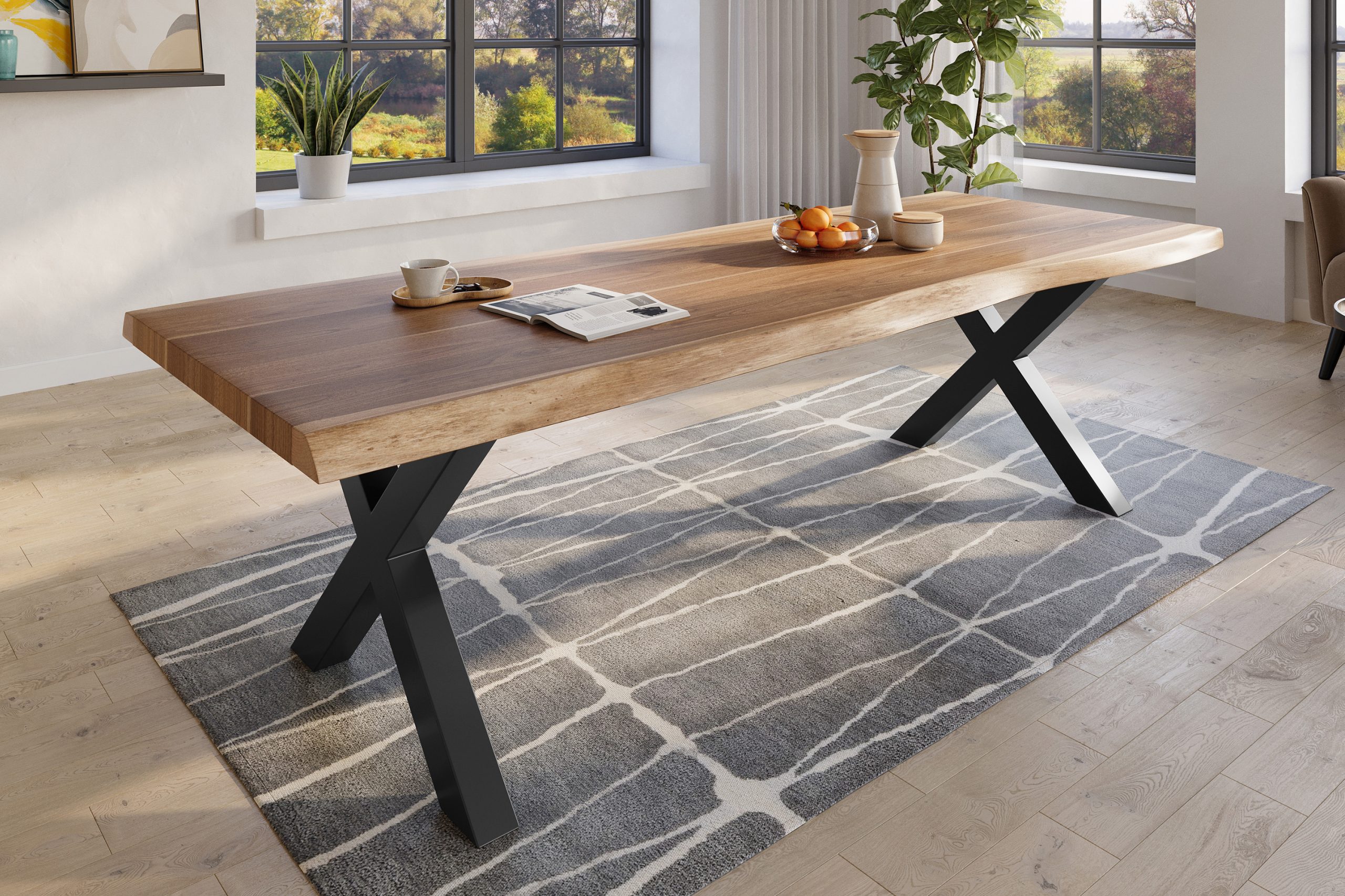 Baumkantentisch 260 x 120 cm Esstisch massiv Akazie Natur X-Gestell Schwarz TITAN