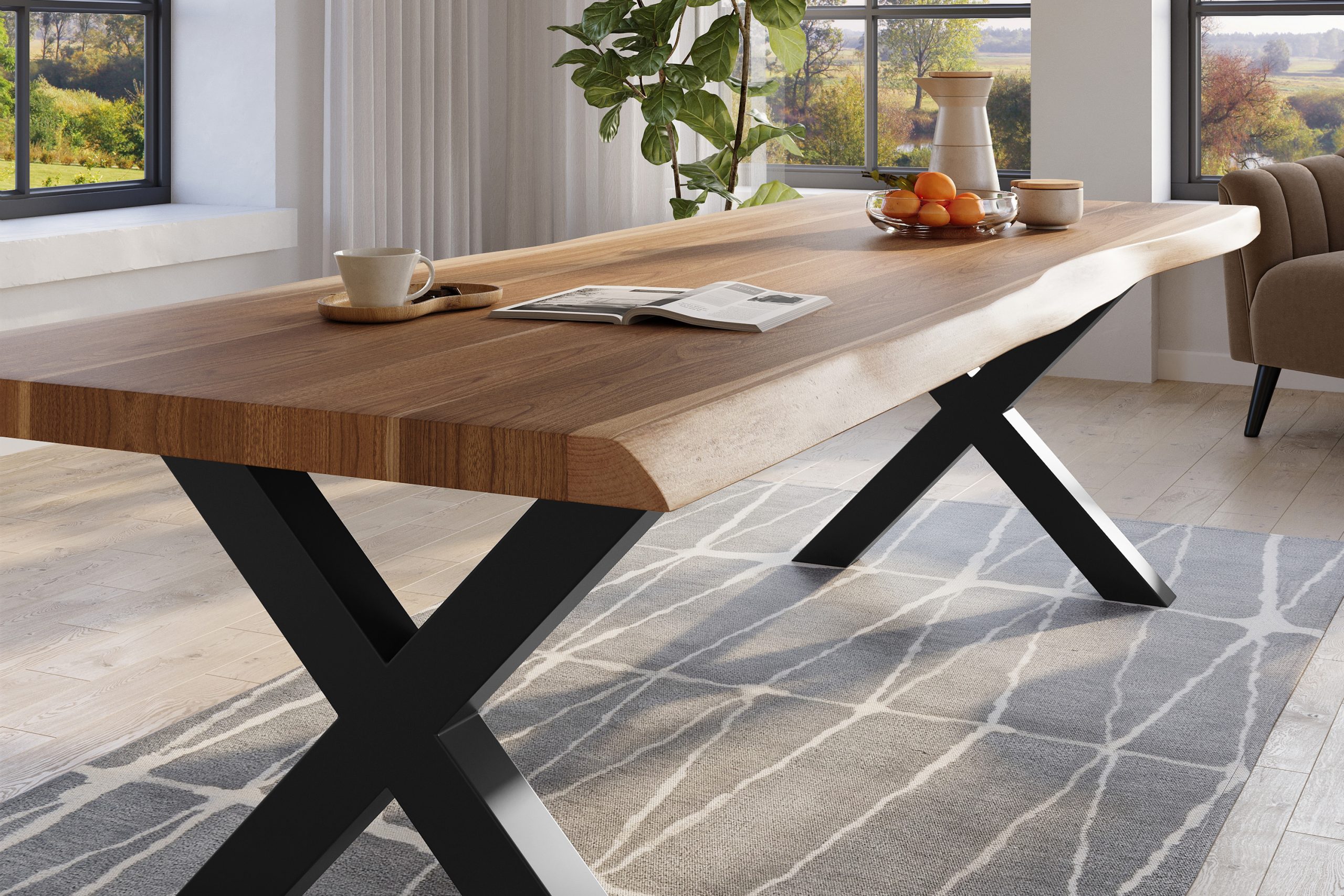 Baumkantentisch 260 x 120 cm Esstisch massiv Akazie Natur X-Gestell Schwarz TITAN – Bild 5