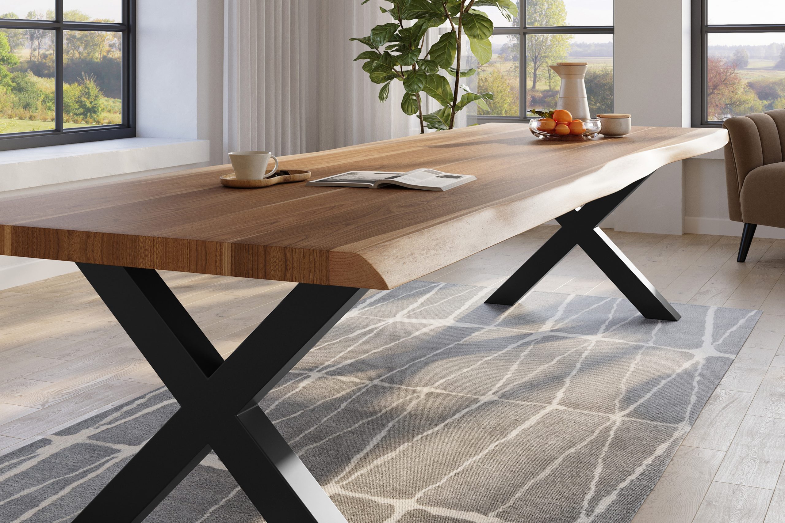 Baumkantentisch 320 x 120 cm Esstisch massiv Akazie Natur X-Gestell Schwarz TITAN – Bild 5