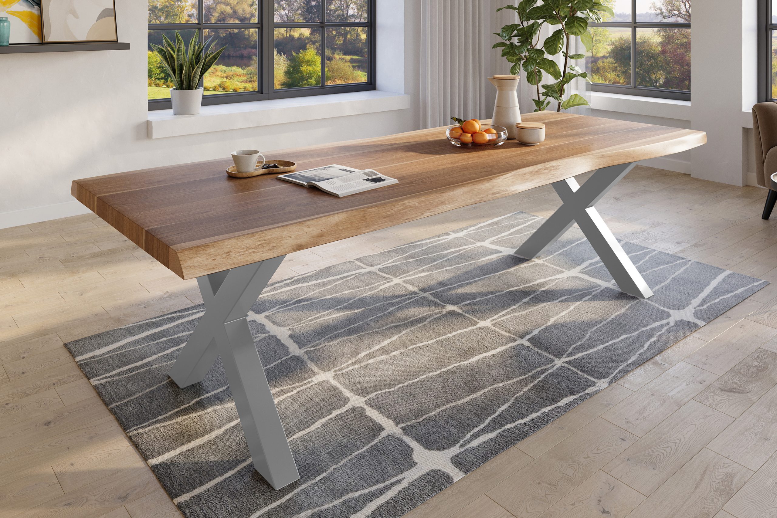 Baumkantentisch 280 x 110 cm Esstisch massiv Akazie Natur X-Gestell Silber TITAN